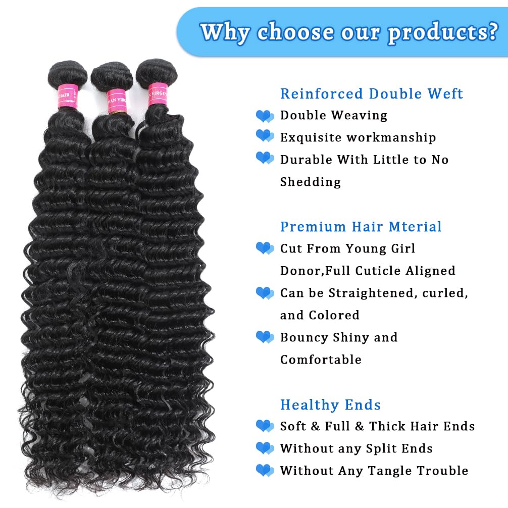 14A Deep Wave Bundles Human Hair 22 24 26 Inch, Full and Silky 100% Unprocessed Brazilian Virgin Human Hair Extensions Natural Black (Deep Wave Bundles, 22 24 26)