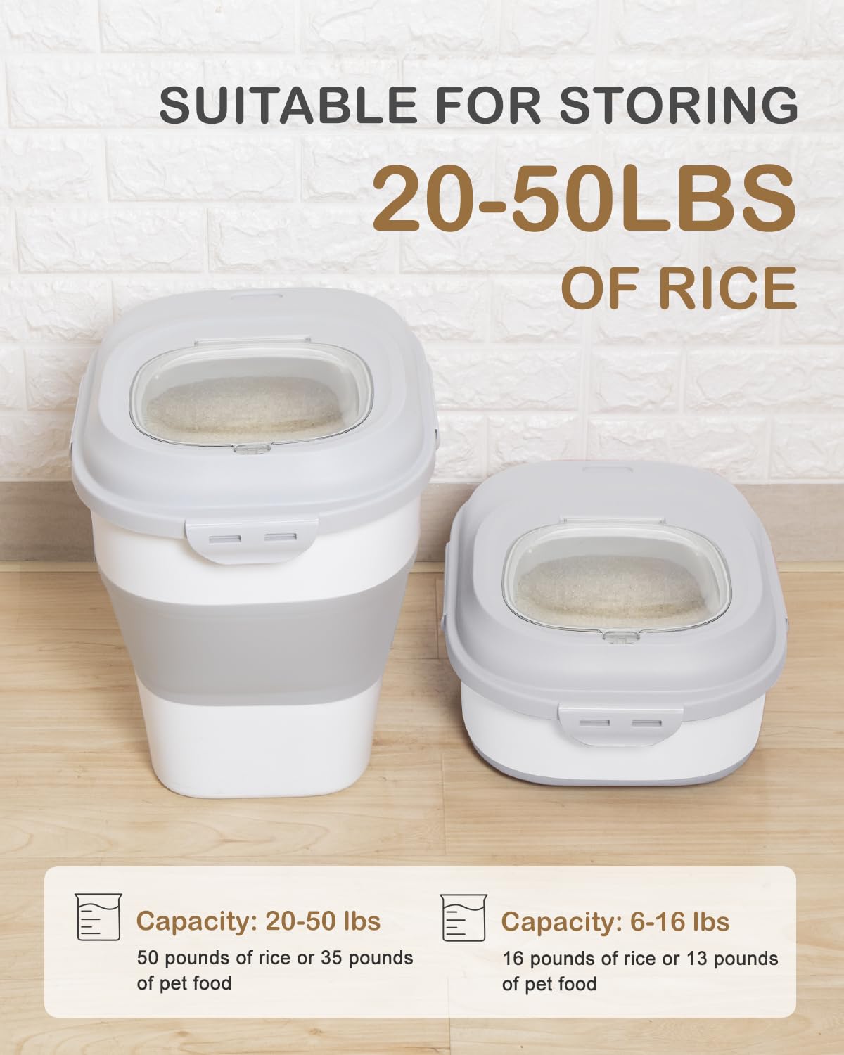 DDMOMMY 20-50 Lbs Food Storage Container With Wheel, Airtight Locking Lid, Collapsible Rice Container, Flour Storage With Small Container and Scoop, Suitable for Pet Food