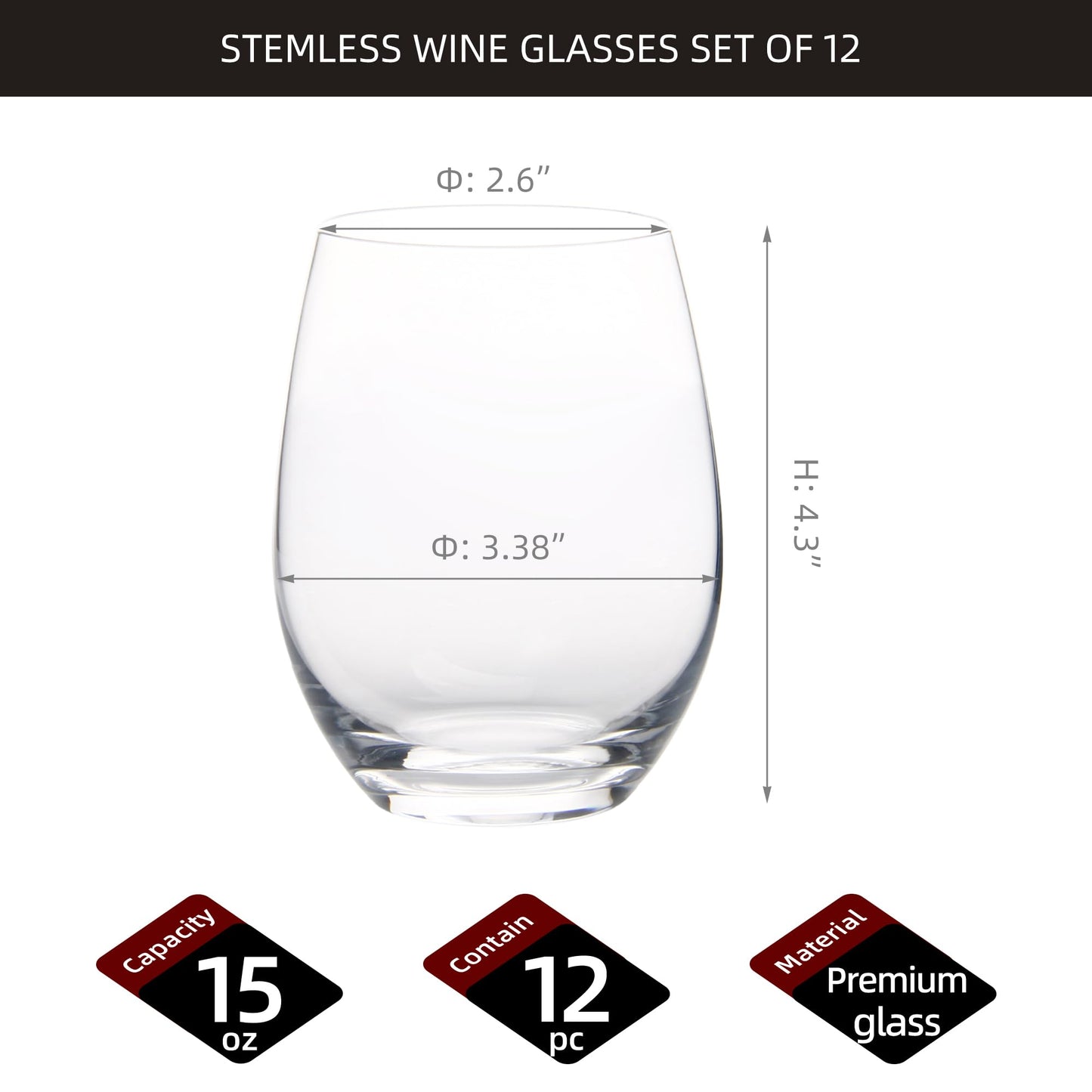 FAWLES Stemless Wine Glasses Set of 12, 15 Ounce Smooth Rim Standard Wine Glass Tumbler for Red, White Wine, Dishwasher Safe