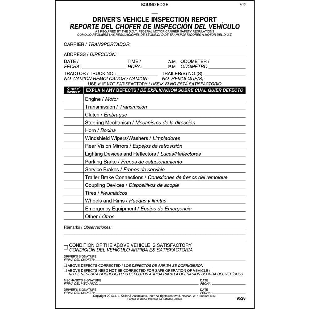 Simplified Driver's Vehicle Inspection Report 10-pk. - Bilingual, Book Format with 31 Sets, 2-Ply Carbonless, 5.5" x 8.5", Meet FMCSR Requirements, J. J. Keller & Associates, Inc.