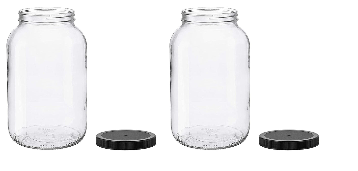 North Mountain Supply 1 Gallon Glass Jar Wide Mouth with Black Plastic Lid - USDA, BPA-Free, Made in the USA - for Fermenting, Storing, Canning, and Much More! - Case of 2