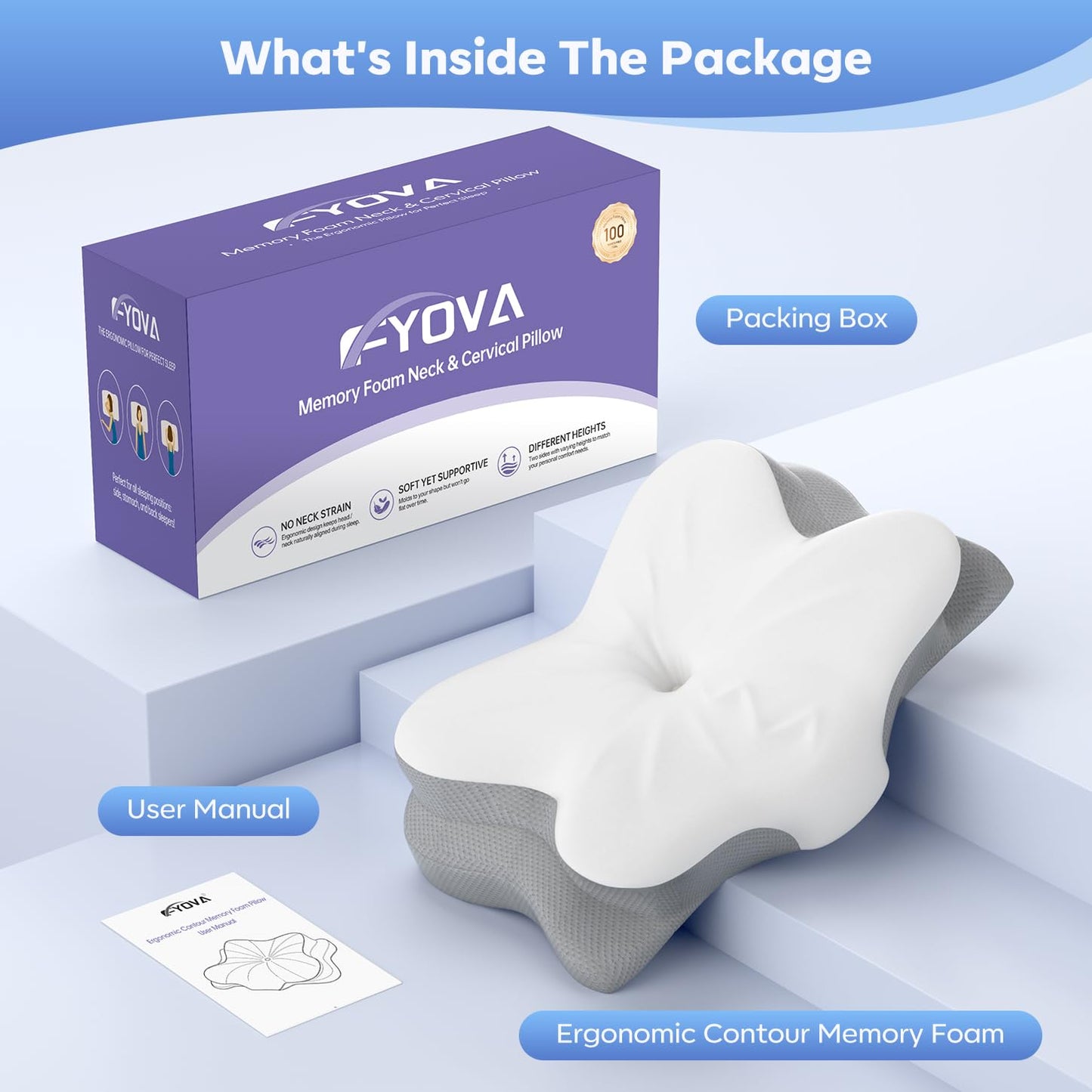 Fyova Cervical Neck Pillow, Ergonomic Memory Foam Pillows for Neck Pain Relief with Breathable Pillowcase, Adjustable Contour Neck Support Pillow for Side Back Stomach Sleepers, Odorless