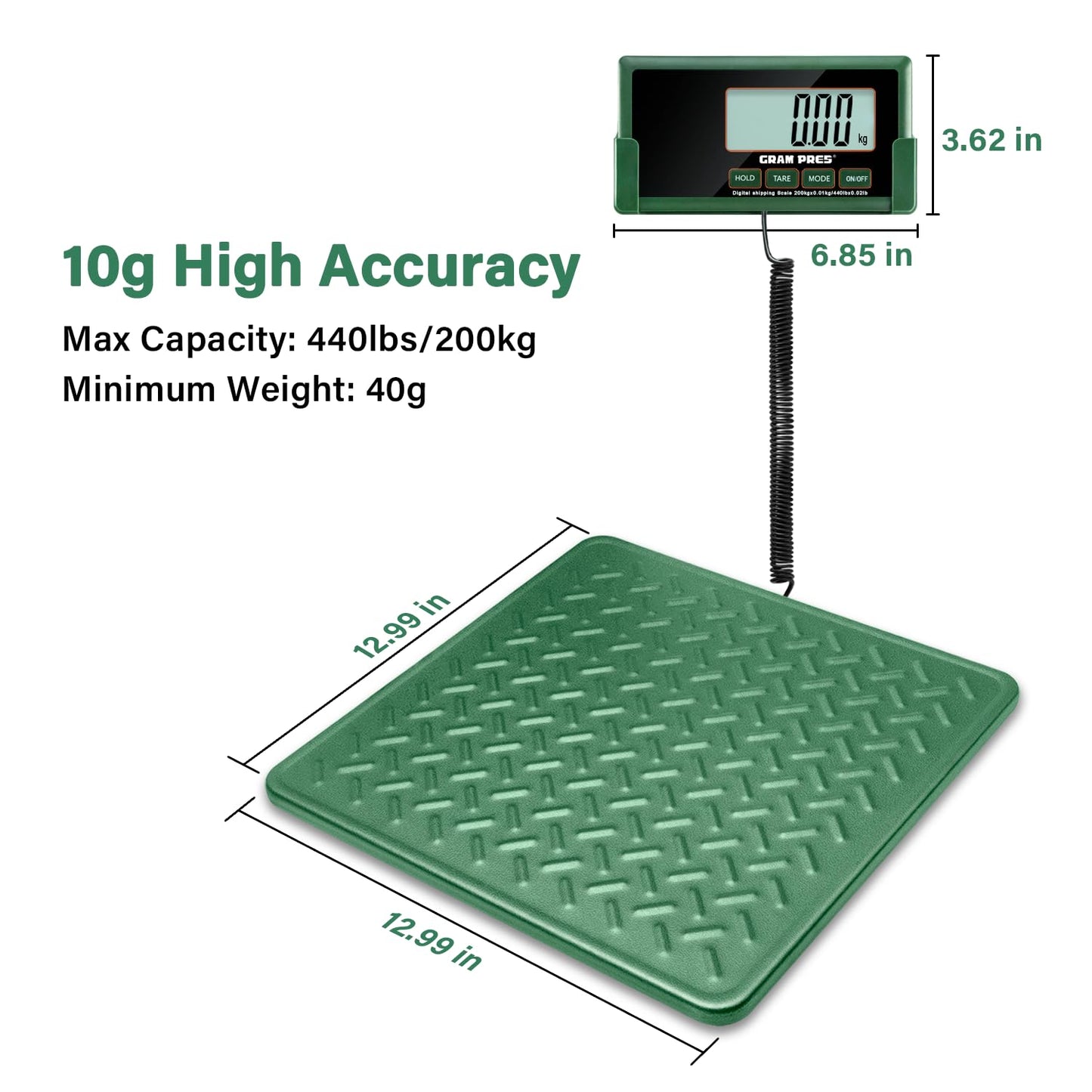 GRAM PRES Shipping Scale,440lbs/10g High Accuracy Digital Postal Scale, Durable Alloy Steel Platform, Heavy Duty Scale for Packages, Postage and Luggage, with Hold&Tare function, batteries&USB Powered