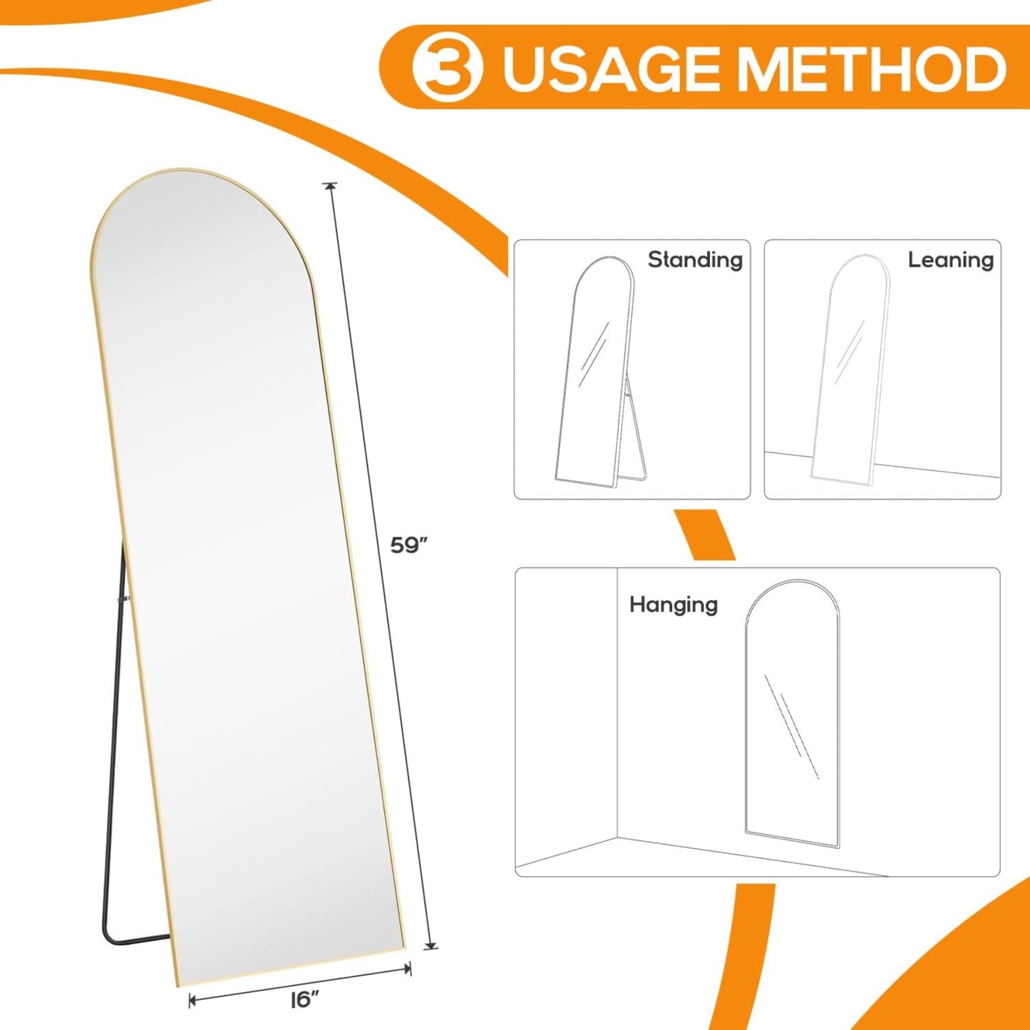 Aidoly Arched Mirror Full Length, Upgraded 16"x59" Body Wall Mirrors with Shatter-Proof Glass, Floor Standing, Hanging or Leaning, Tall Arch Mirror with Stand Aluminum Alloy Frame for Bedroom, Gold