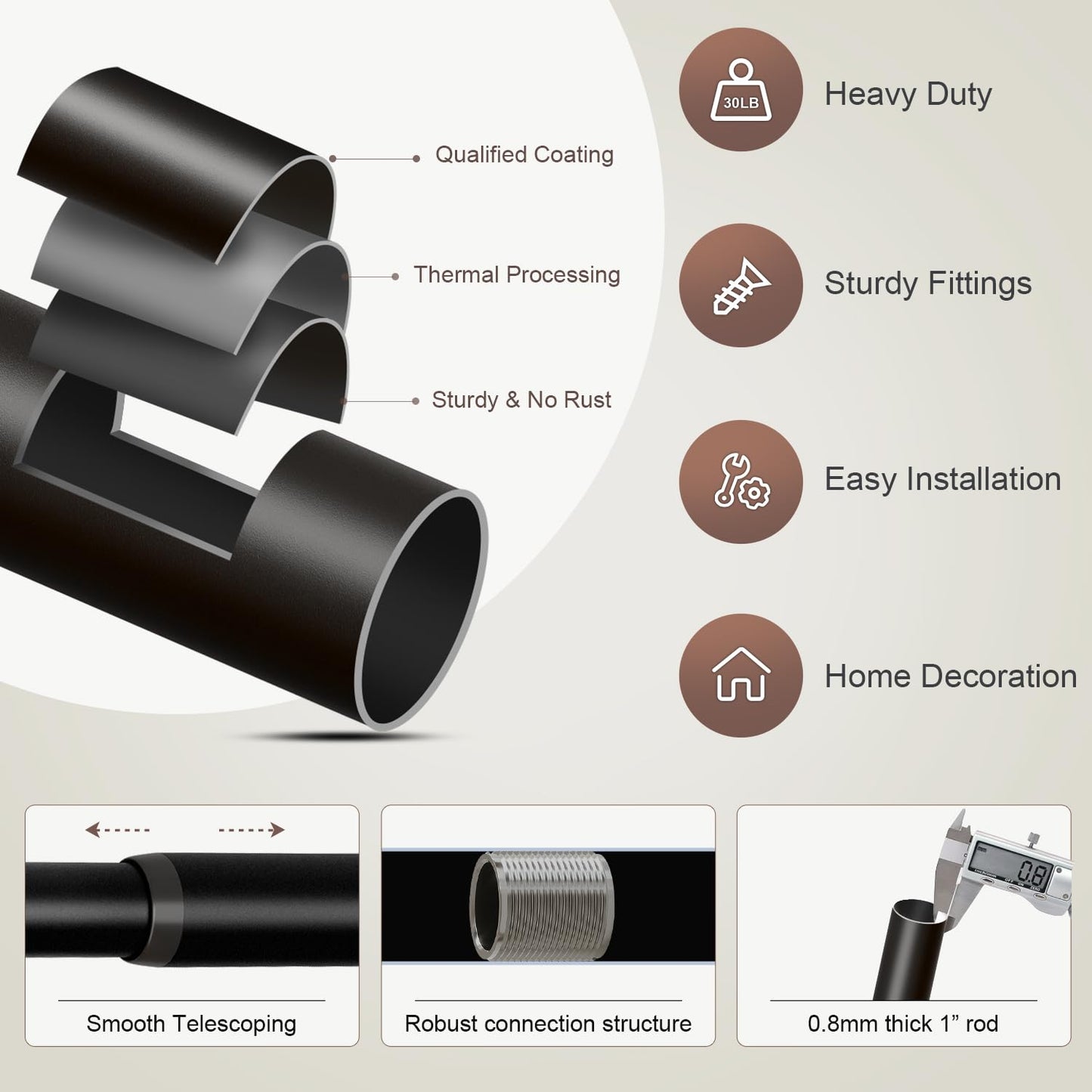 Lootkell 2 Pack Modern Black Curtain Rods Set for Windows 28 to 48 Inches Adjustable Length Heavy Duty 1" Diameter Window Curtain Rod with Decorative Finials for Outdoor Bedroom Kitchen Living Room