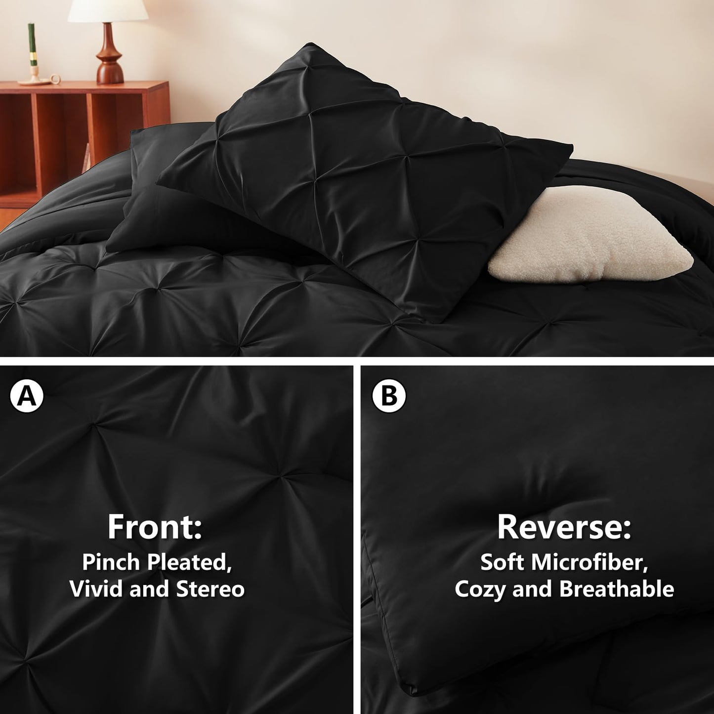 CozyLux Queen Comforter Set Black, 7 Pieces Pintuck Bed in A Bag, All Season Comforter Queen Size, Bed Set Gift for Family, Pinch Pleat Bedding Sets with Comforter, Sheets, Pillowcases & Shams