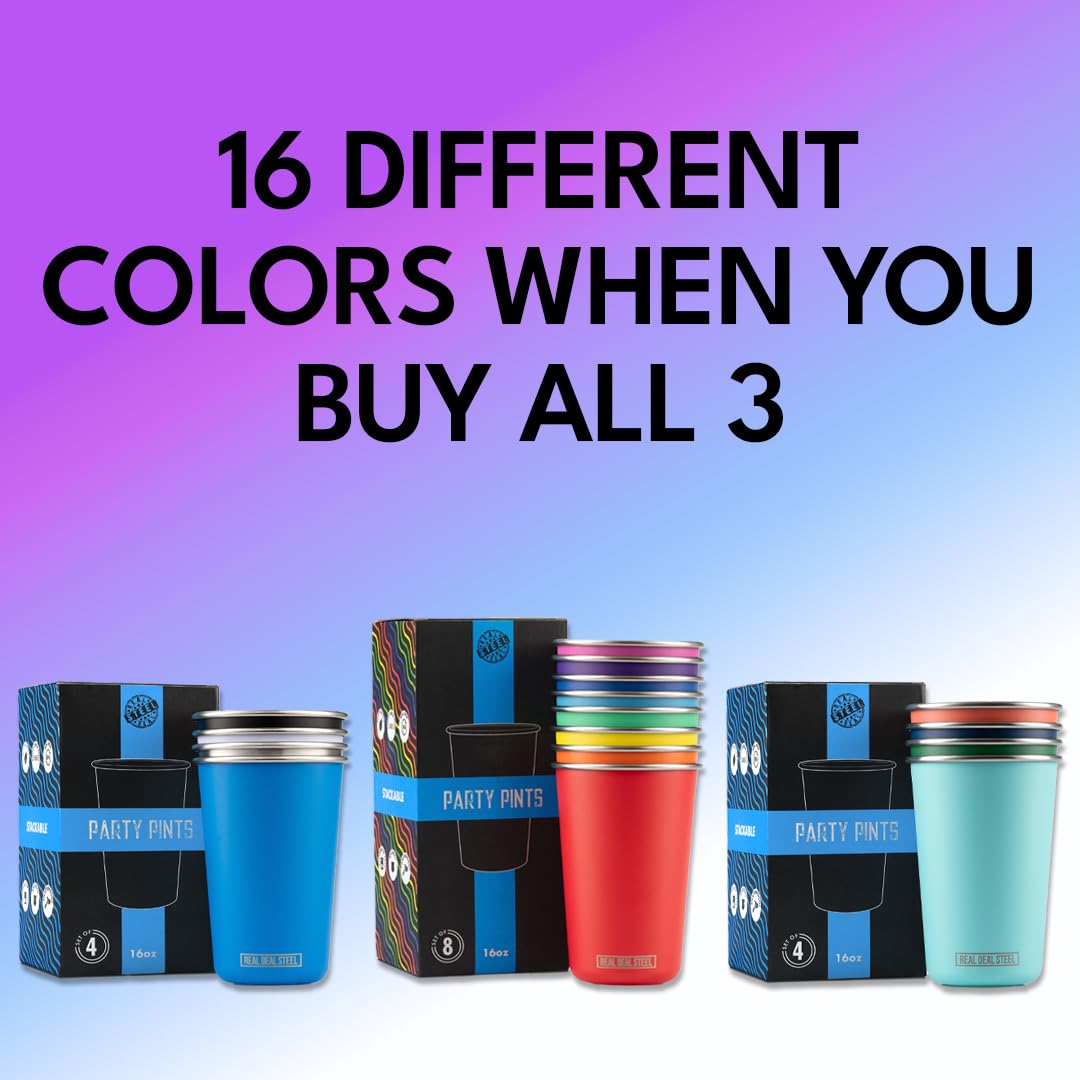 Real Deal Steel Rainbow Cups 16 oz Pint Cups, Stackable Tumblerrs, Eco Friendly Premium Metal Drinking Glasses