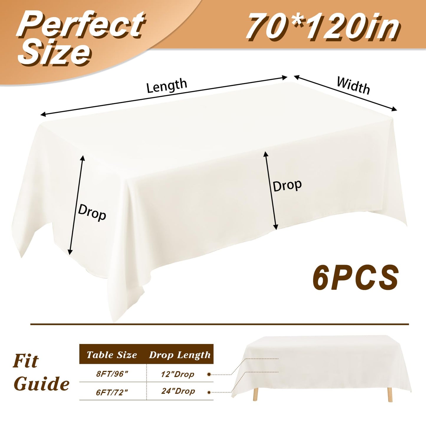 Fixwal 6 Pack Ivory 70 x 120 Inch Rectangle Tablecloths, Reusable Heavy Duty Washable Polyester Table Covers for 6-8 Ft Tables, Wedding, Bridal Shower, Boho Party