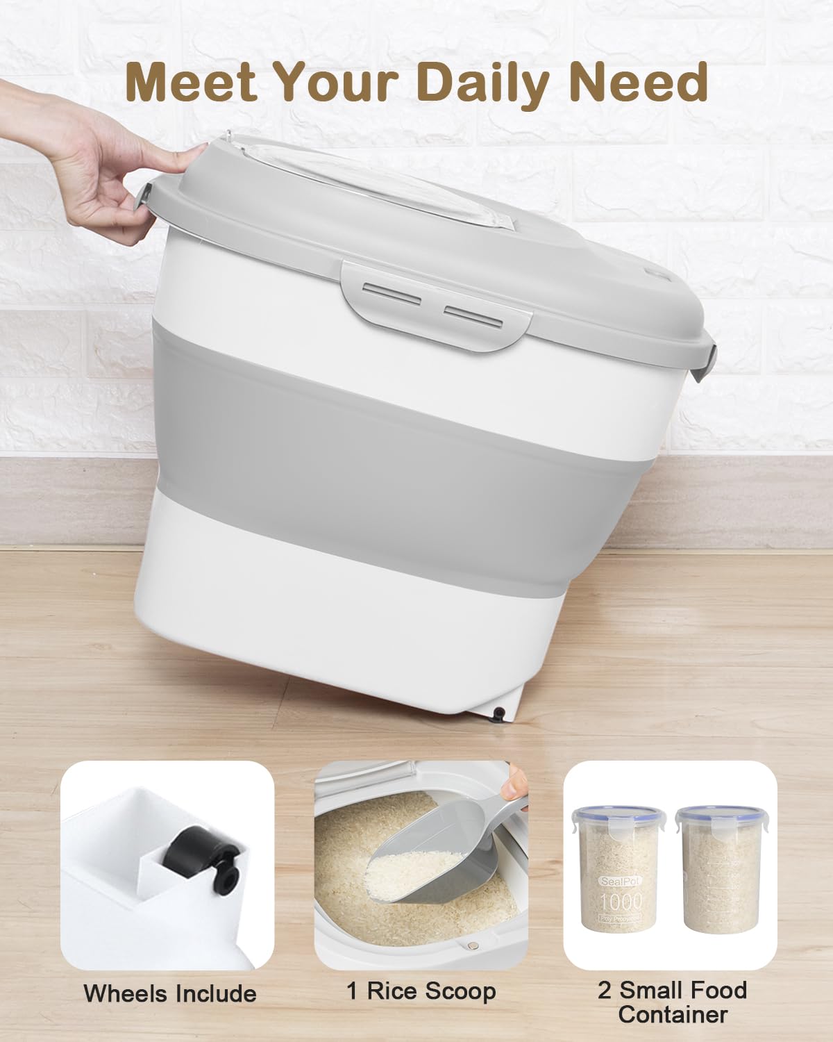 DDMOMMY 20-50 Lbs Food Storage Container With Wheel, Airtight Locking Lid, Collapsible Rice Container, Flour Storage With Small Container and Scoop, Suitable for Pet Food