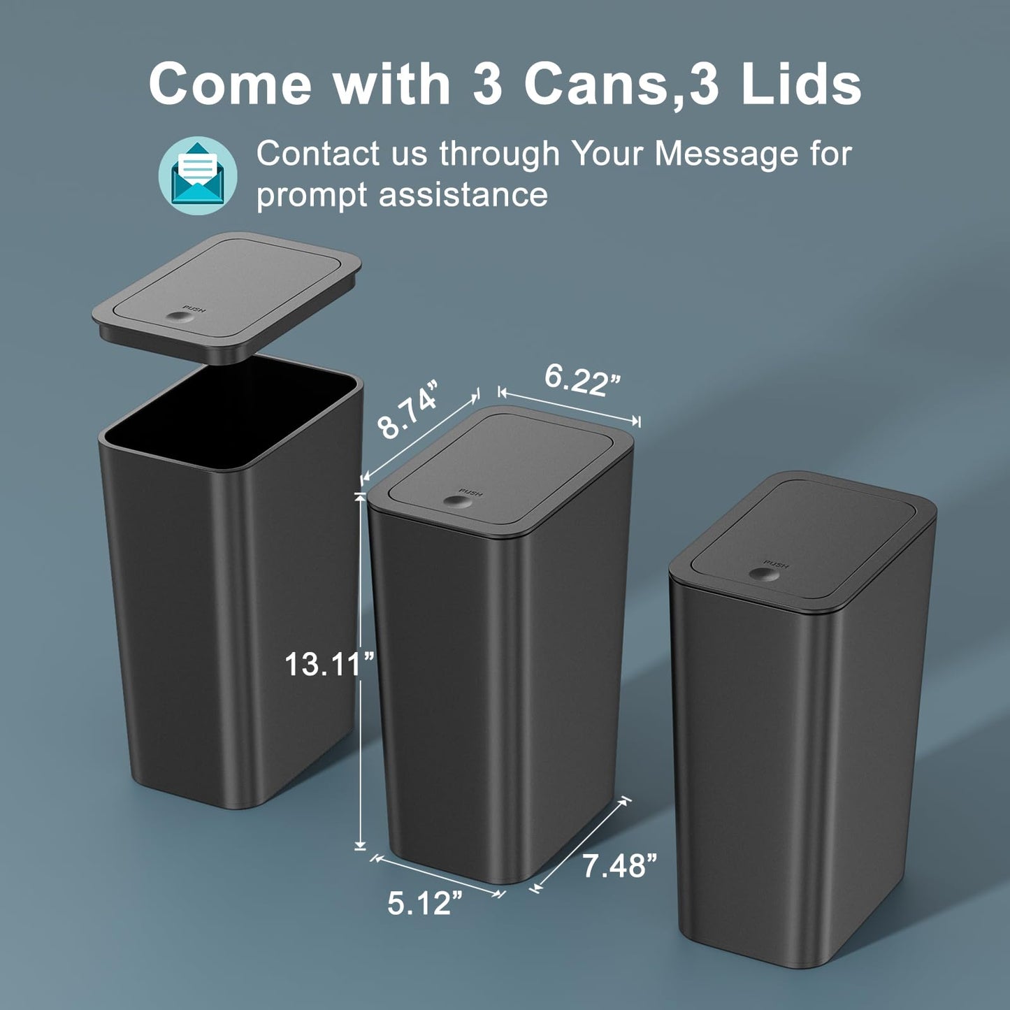 N. NETDOT 3 Pack 10 Liter Small Trash Can with lid, 2.6 Gallon,Garbage Can Slim Trash Bin Waste Basket for Bathroom,Kitchen,Bedroom,Living Room,Office,Laundry - Black