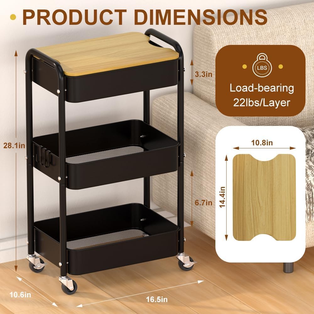 HIDODO 3 Tier Metal Utility Cart, Rolling Storage Cart with Wooden Tabletop, Metal Organizer Cart with Lockable Wheels for Office, Bedroom, Kitchen and Living Room (Black)