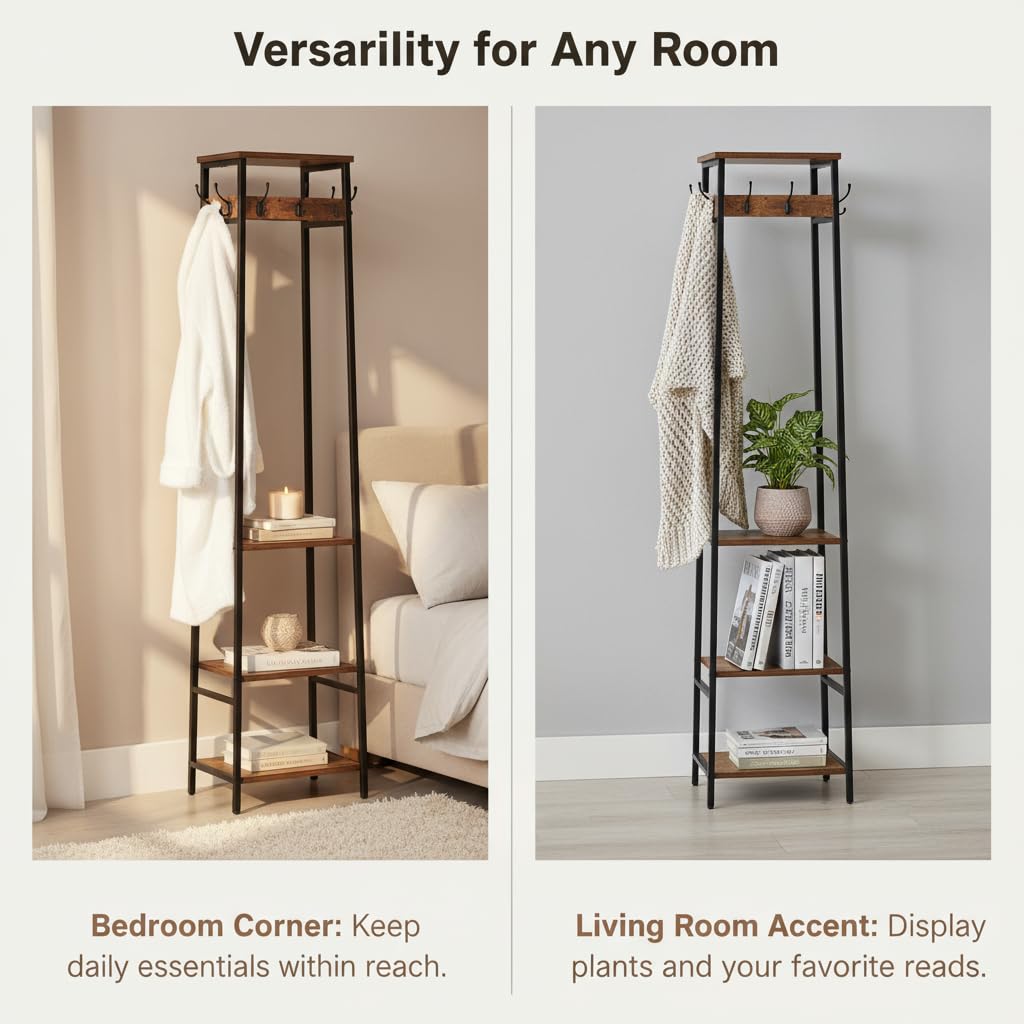 Cerlyunzan Coat Rack Freestanding, Coat Stand with 3 Shelves and 7 Hooks, Hall Tree Free Standing, Clothes Rack Stand Organizer, Industrial Style, Rustic Brown and Black