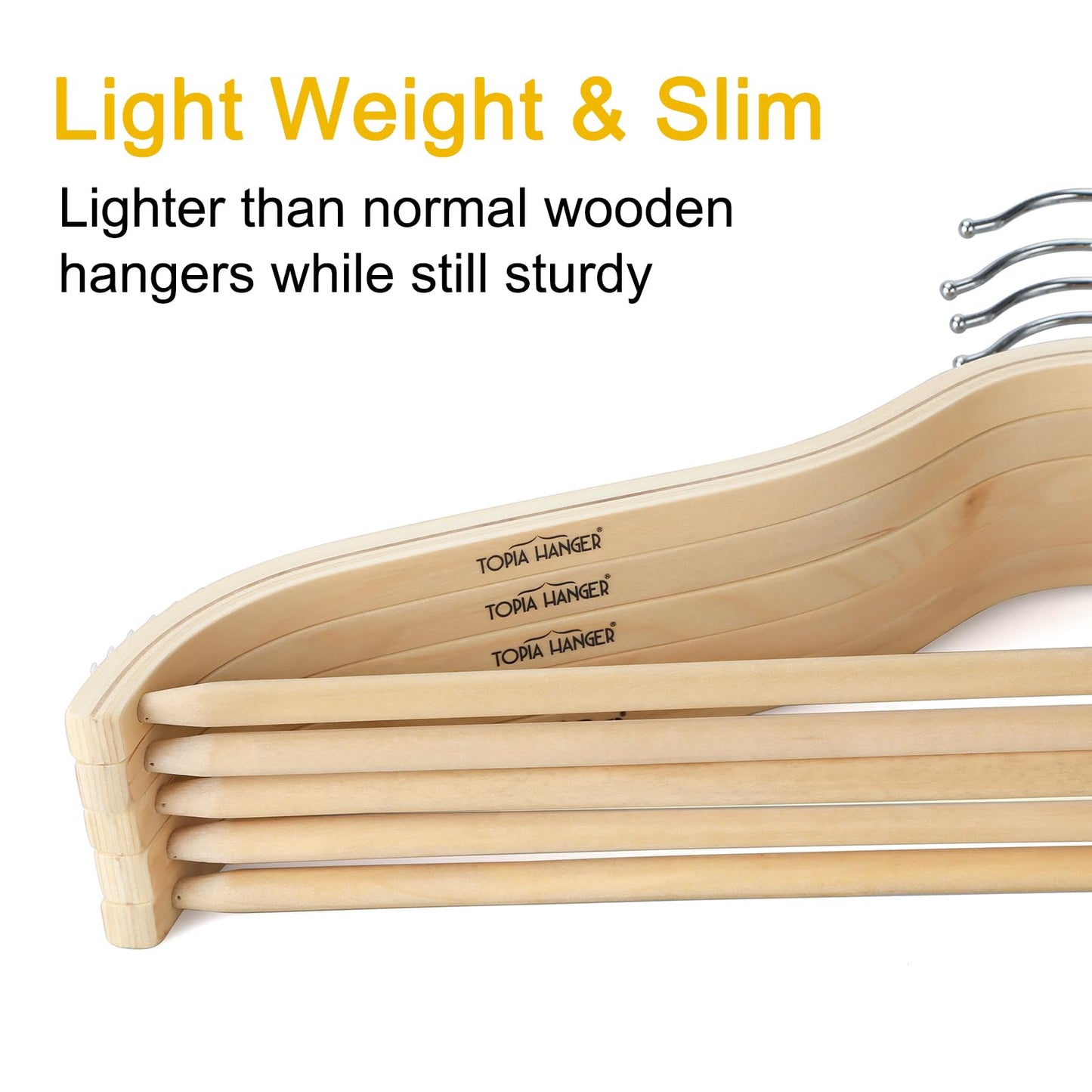 TOPIA HANGER Sleek Wooden Hangers with Non-Slip Rubber Grips, Sweater Hangers No Shoulder Bump, Lightweight Clothes Hangers for Women 20-Pack, 360° Swivel Hook and Pants Bar-CT63N20