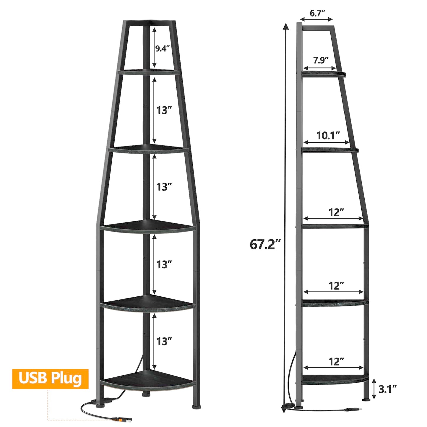 Furnulem 5 Tier Corner Shelf with LED Light, 67.2” Tall Standing Shelf for Wall Corner, Narrow Bookshelf Ladder Shelf for Bedroom, Living Room, Plant, Wood Storage Rack, Metal Frame (Black Oak)