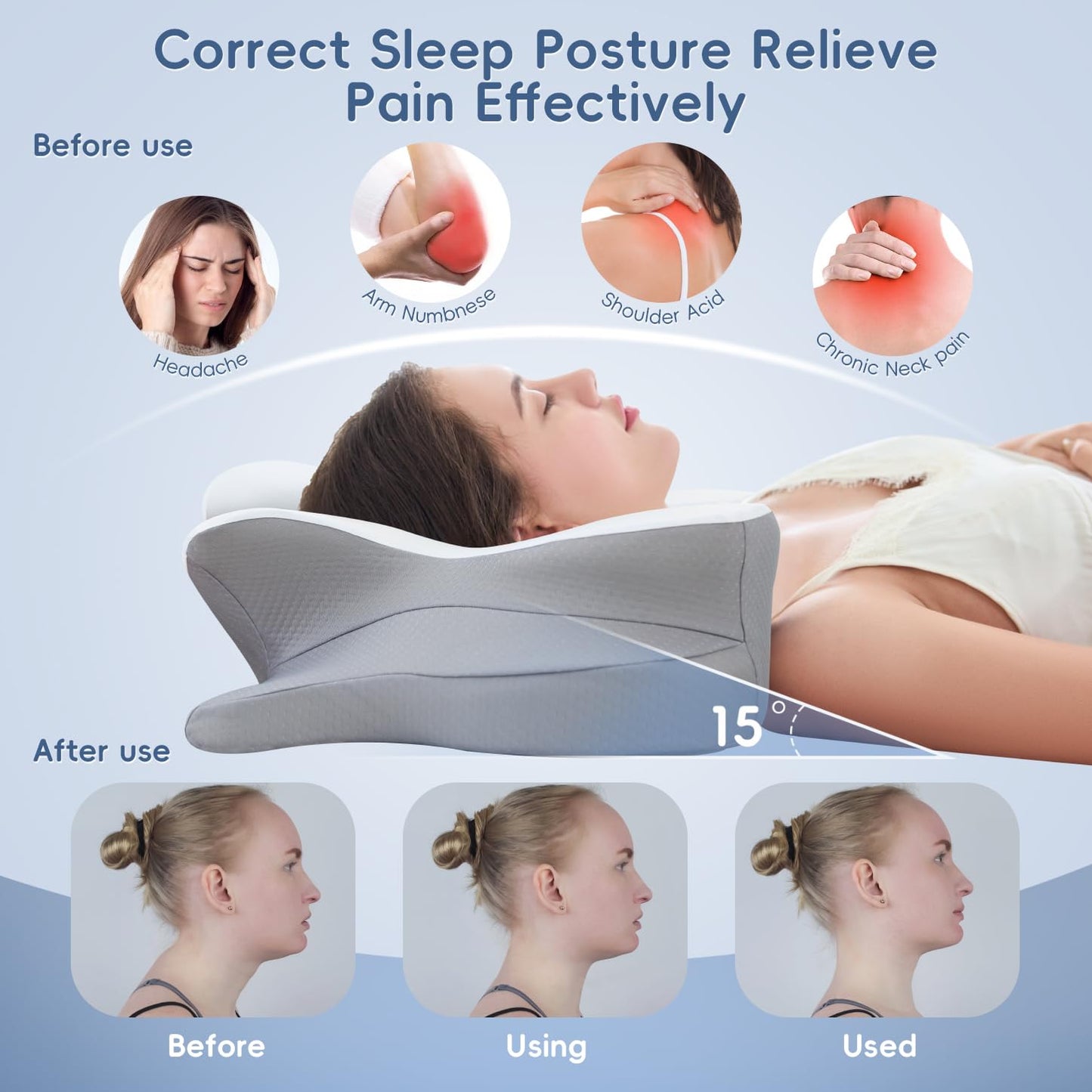 Fyova Cervical Neck Pillow, Ergonomic Memory Foam Pillows for Neck Pain Relief with Breathable Pillowcase, Adjustable Contour Neck Support Pillow for Side Back Stomach Sleepers, Odorless