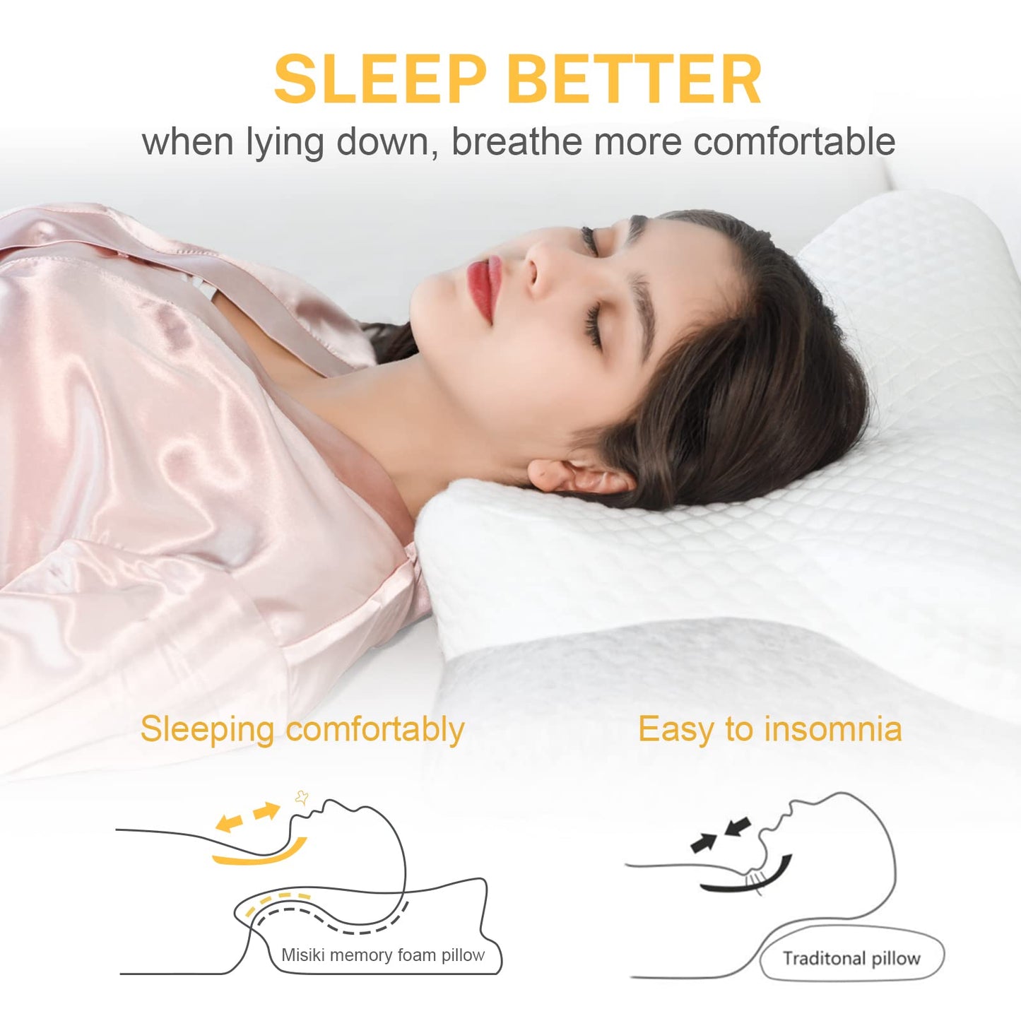 Misiki Cervical Neck Pillow for Pain Relief, Butterfly Contour Memory Foam Pillow for Side Back Sleepers, Ergonomic Bed Pillow with Washable Cover for Shoulder Support, 24x15 Inch