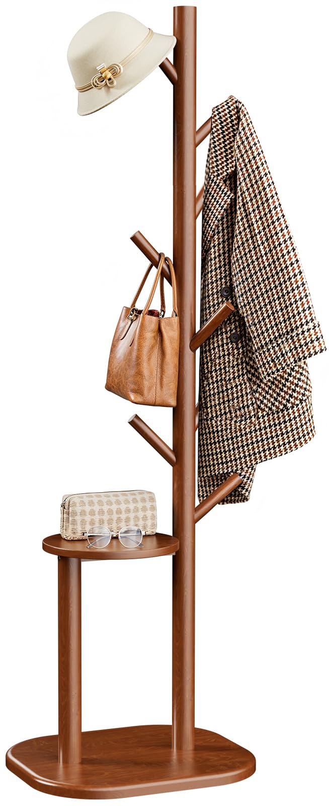 Pipishell Coat Rack, Freestanding Hall Tree with 8 Hooks & Storage Shelf, Solid Wood Base, 66.3″ Tall Coat Rack Stand for Coats, Hats, Bag in Entryway, Bedroom, Living Room, Brown, PIFCR11BN