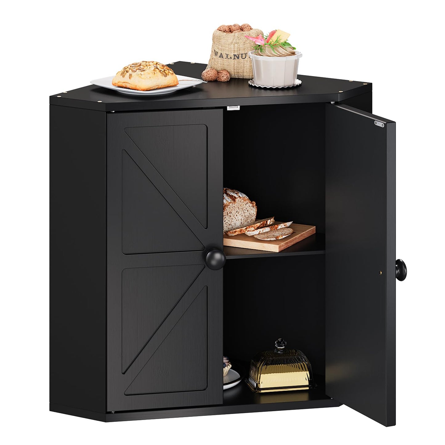 Trironsun Corner Bread Box for Kitchen Counter Double Layer Bamboo Bread Storage Container Large Capacity Bread Storage Bin Farmhouse Breadbox Organizer (Black)