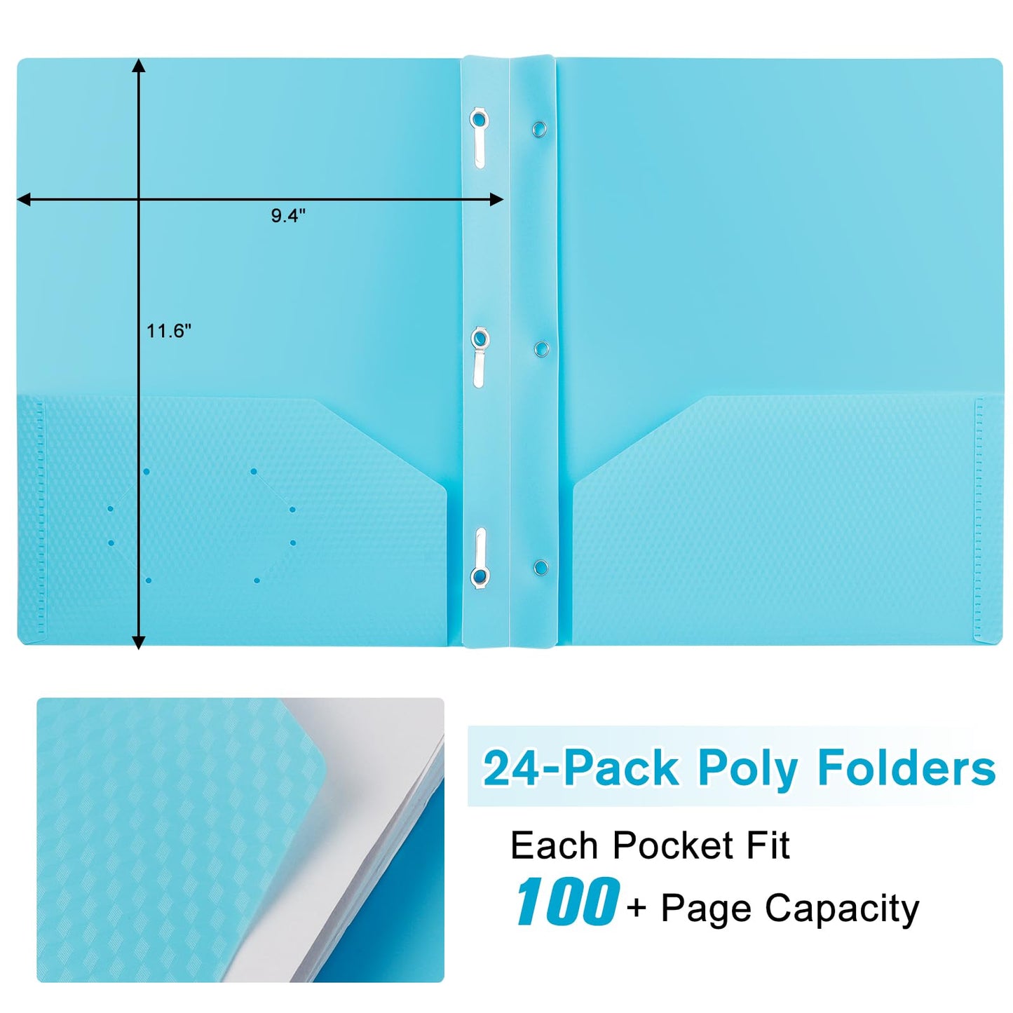 EEHZTSI 24-Pack Plastic andPockets and Prongs,2-Pocket and3 Fasteners, Pastel Folders Holds 8-1/2" x 11" Paper for School/Office/Home, Blue