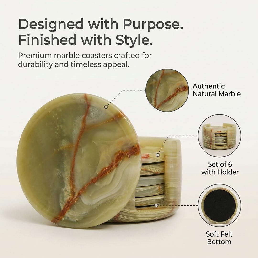 Green Onyx Marble Coasters Set of 6 with Holder, 3.5 Inch Round Drink Coasters for Tabletop and Coffee Table Decor
