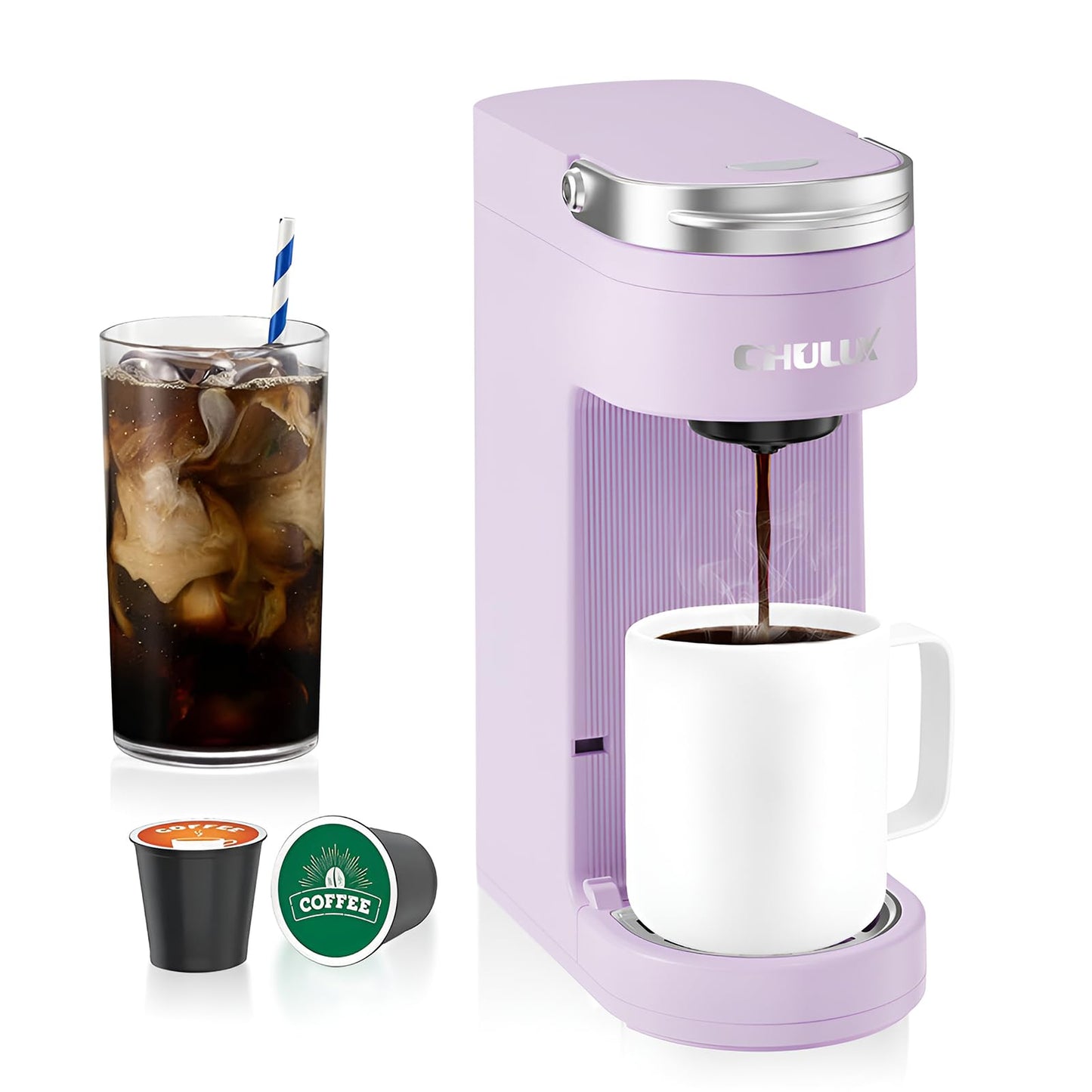 CHULUX Slim Single Serve Coffee Maker for K Pods, One Cup Coffee Maker Fits 7.3" Travel Mugs, Coffee Machine with 6 to 12oz Brew Sizes, Lavender