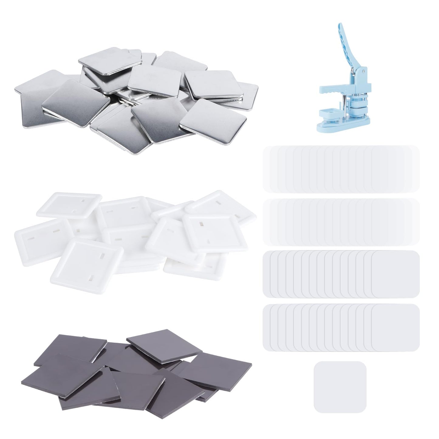 Happizza 100 Sets 50mm/1.97 inch Fridge Magnet Button Maker Supplies for Square-Shaped Button Maker Machine 50mm, Includes Metal Cover, Plastic Back Cover, Soft Magnet, Clear Film&Blank Paper