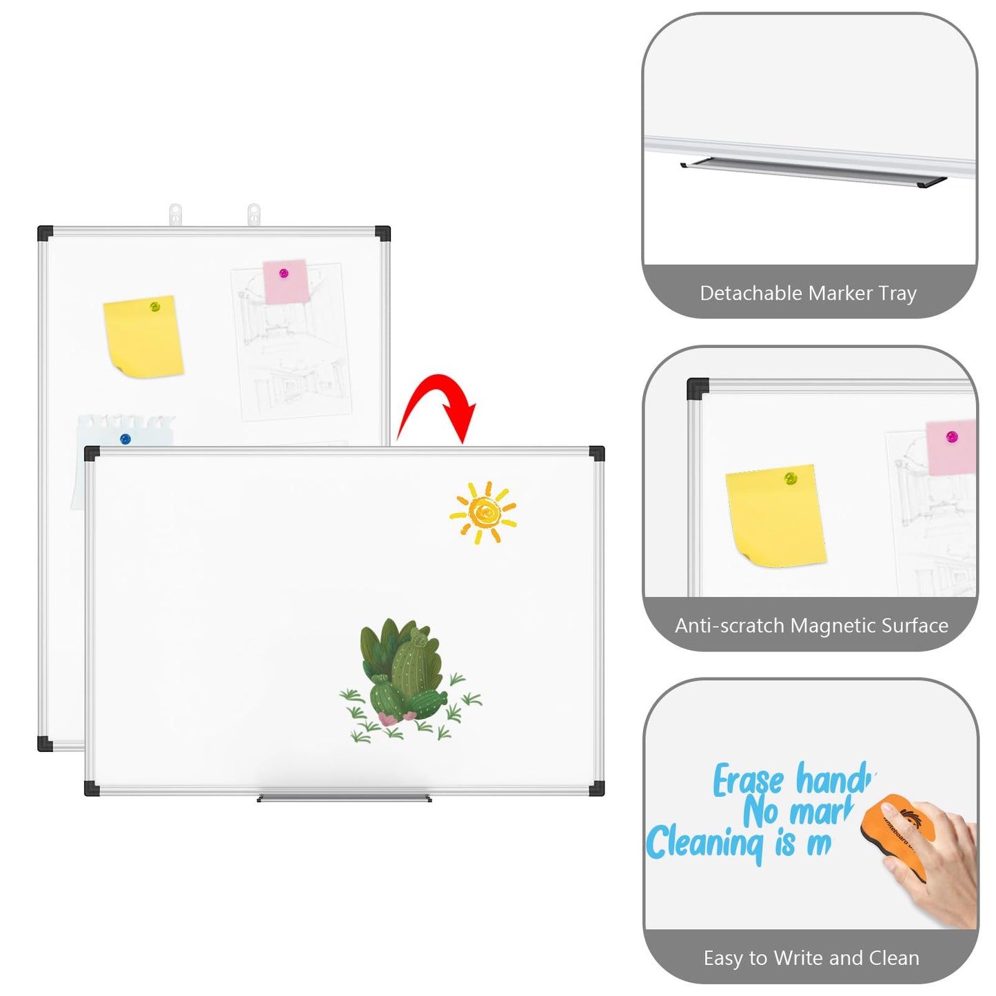 XBoard Magnetic Dry Erase Whiteboard 24 x 18 Inch, Small Hanging White Board for Wall with Marker Tray | Silver Aluminum Frame Presentation Board for Home Office Classroom (Pack of 2)