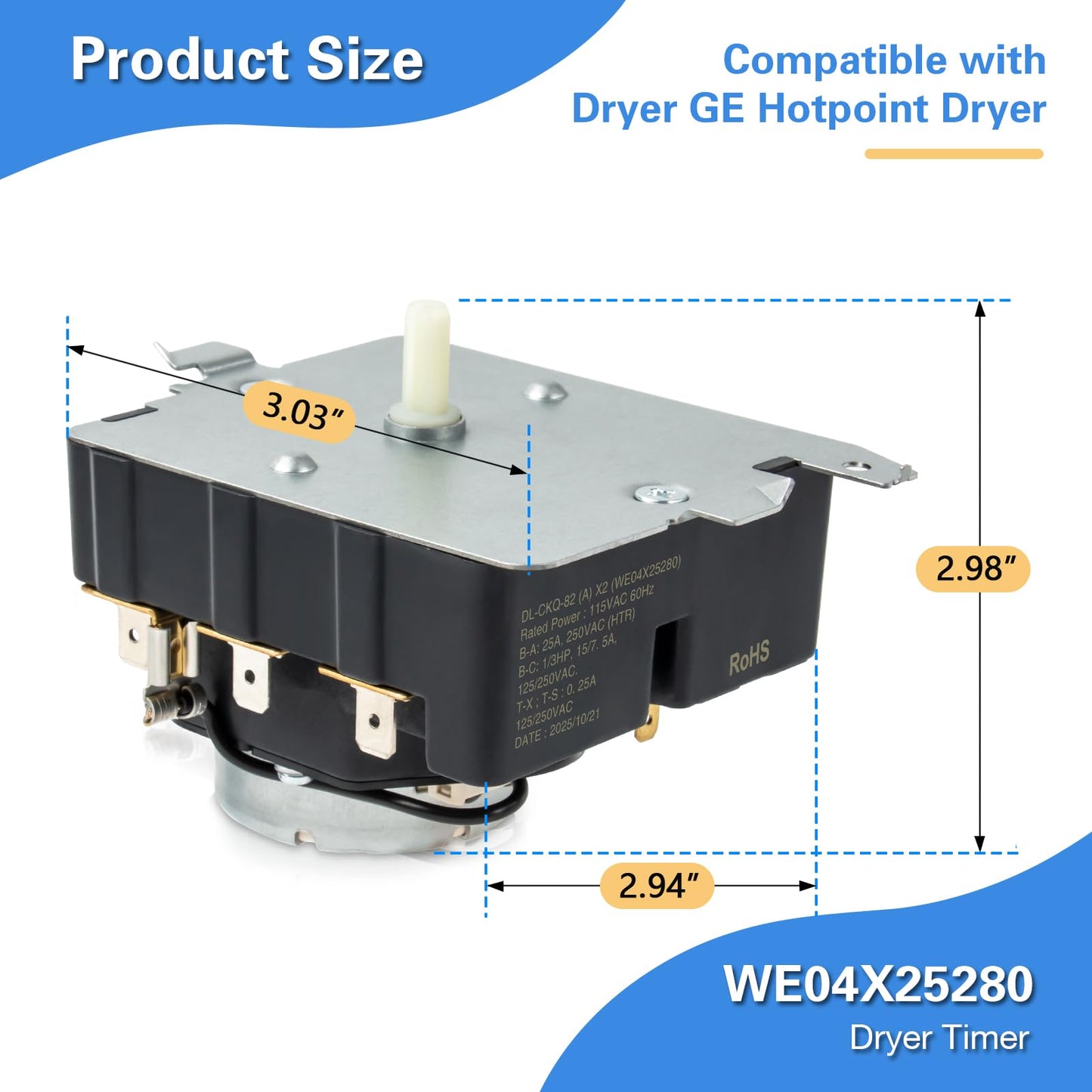 WE04X25280 Dryer Timer Replacement for GE & Hotpoint Electric/Gas Dryers, OEM Timer Switch Control Compatible with TMD1EM35, 234D2377P005, Replaces 4467035, AP6032628