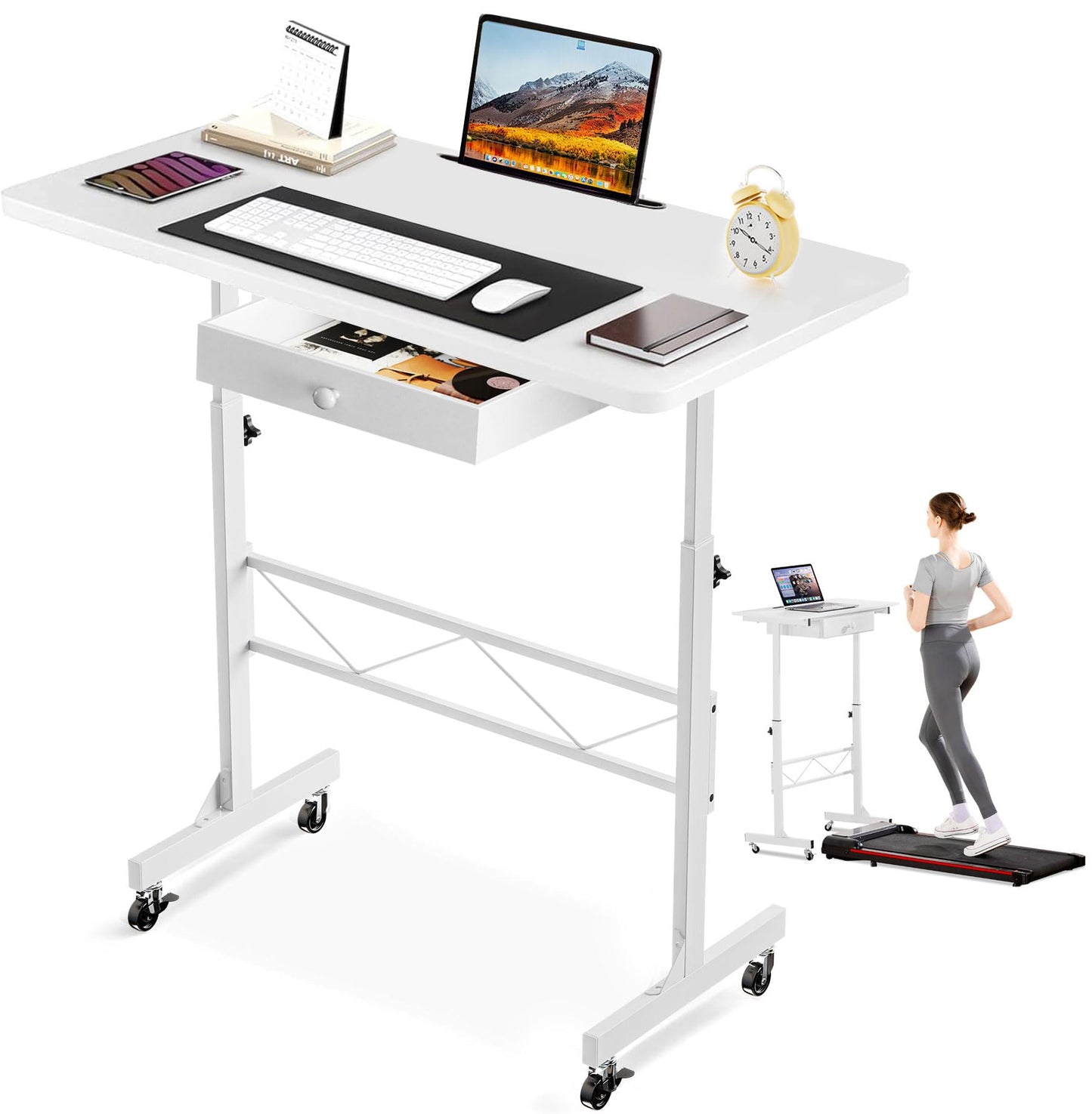 COMHOMA Small Standing Desk Adjustable Height Small Computer Desk Mobile Portable Rolling Laptop Table with Wheels 32" Computer Workstation Sit Stand Desks Portable Standing Table Treadmill desks