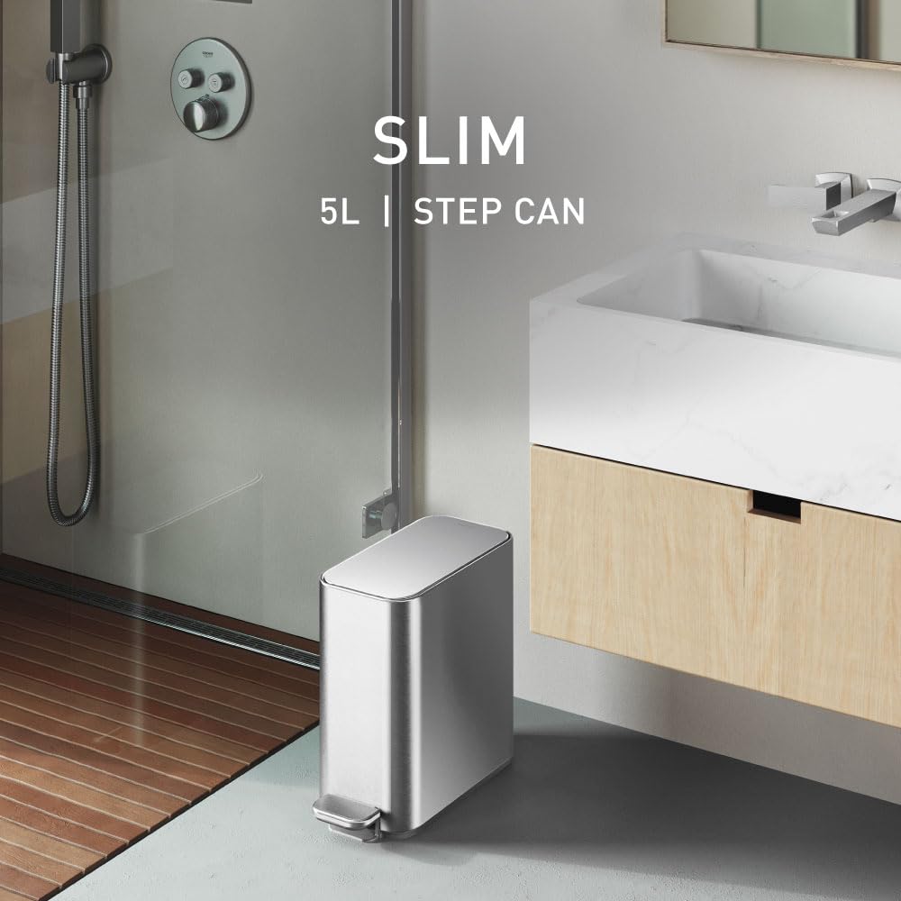 simplehuman Slim Step Can, 5L / 1.3 Gallon Compact Bathroom Trash Can, Liner Pocket®, Sleek Internal Hinge, 150,000-Step All-Steel Pedal, Lid Shox® Silent Close, Brushed Stainless Steel