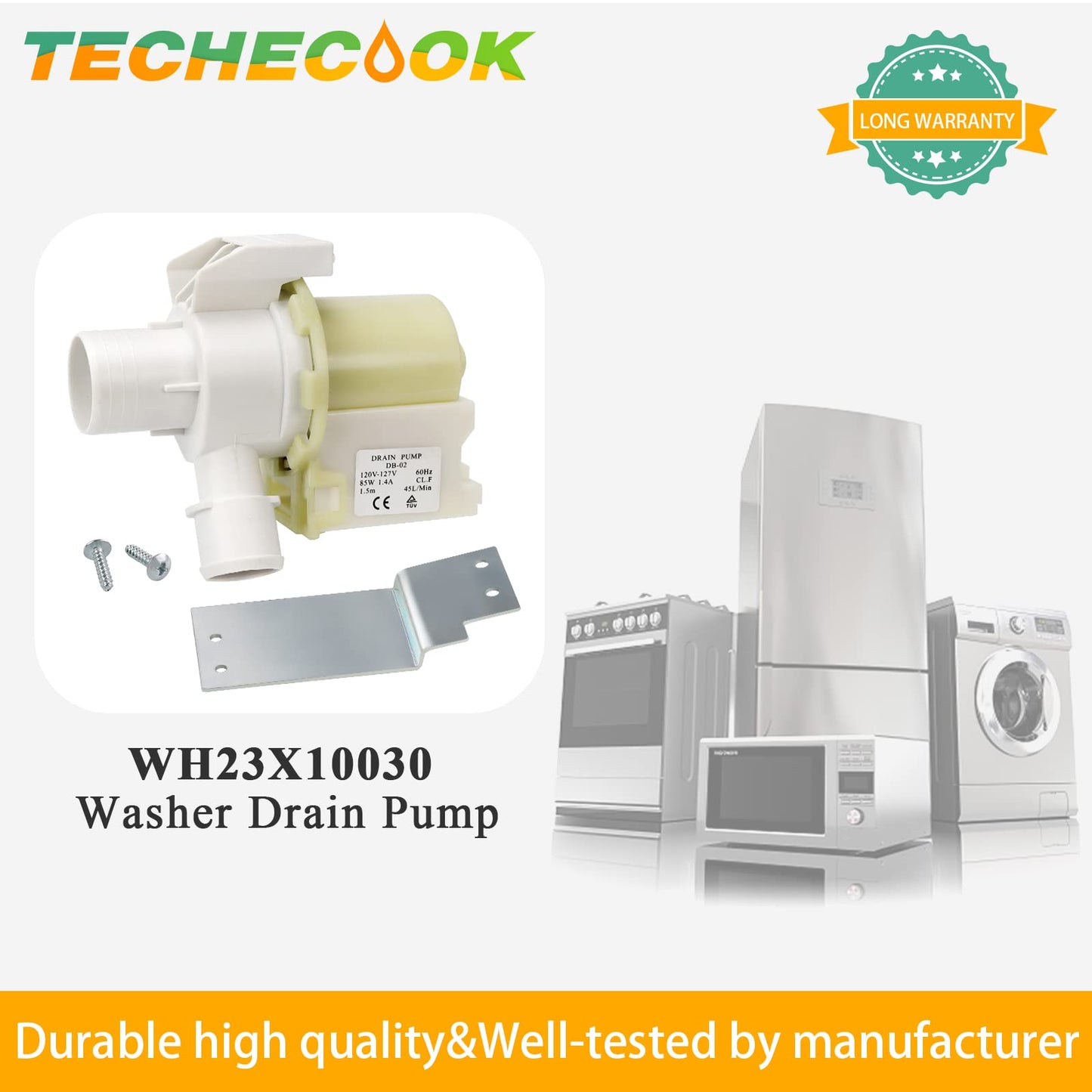 WH23X10030 WH23X10013 Washer Drain Pump by Techecook - Compatible with Hotpoint GE Washing Machine WH23X10013 WH23X0081 WH23X0091 WH23X0092 AP5803461 3015301 PS271333 J27-769 TRUCK TRUCK-1 Drain Pump