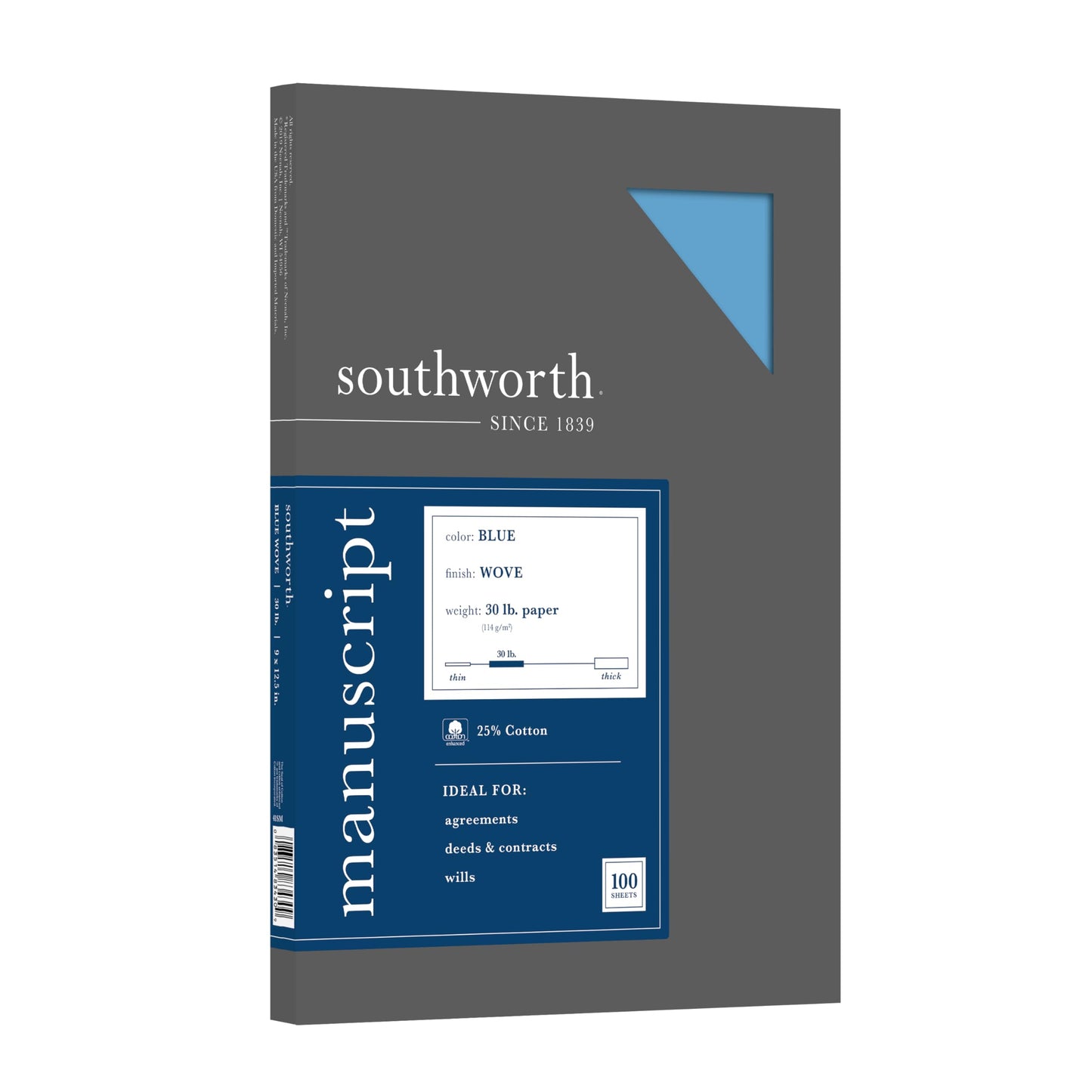 Southworth 25% Cotton Paper Blue Manuscript Covers, 9” x 12.5”, 30 lb. Cover Weight, Blue, 100 Sheets (41S)