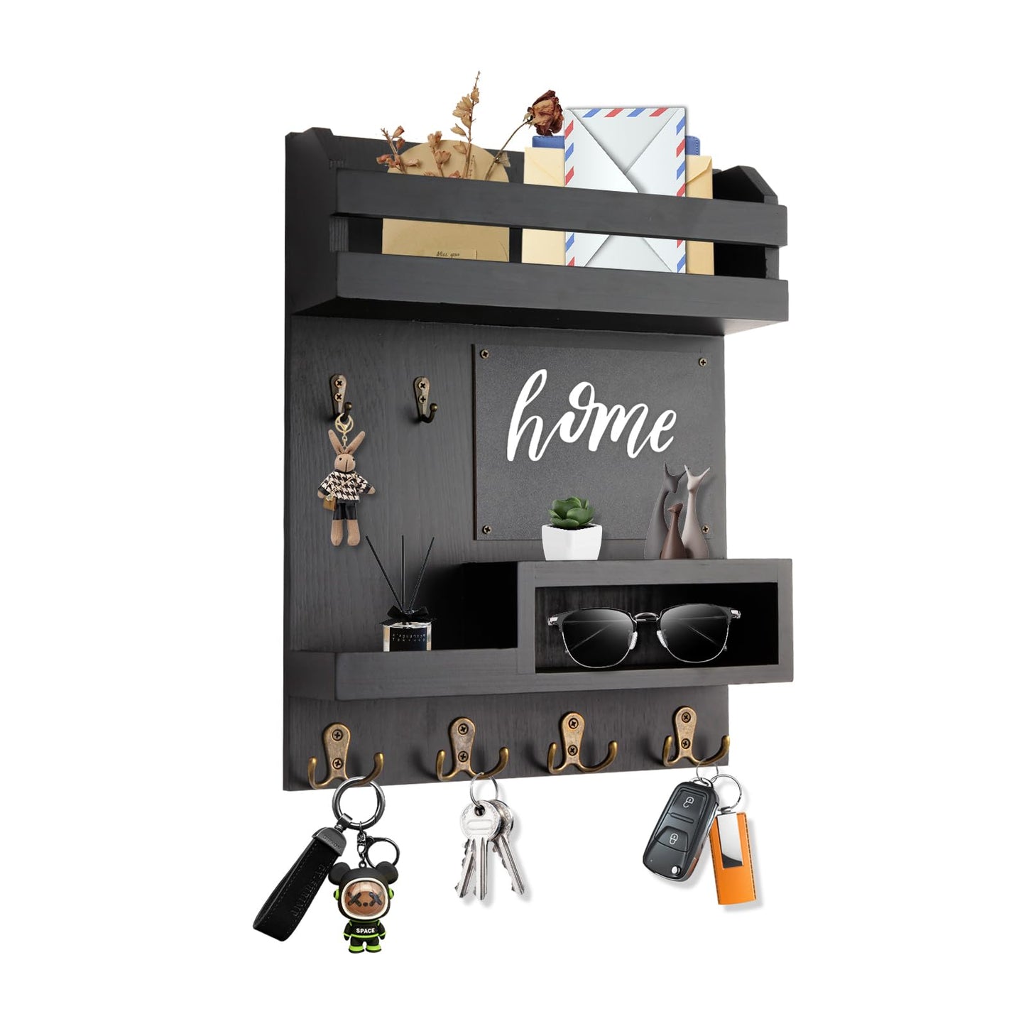 Eryvik Large Key and Mail Holder Wall Mount, 12.5x16.5 Inch Solid Wood Key Racks for Entryway, Front Door, Hallway, Wall Organizer (Matte Black)