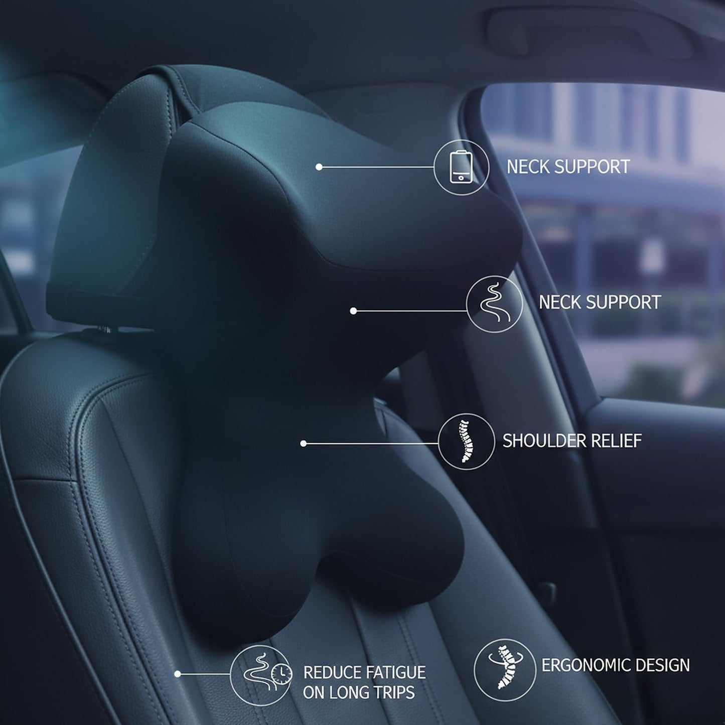 Newsty Car Neck Pillow for Driving Seat Car headrest Pillow/Gaming Chair Pillow with Adjustable Strap Removable Cover Ergonomic Design Neck Support Pillow for auto, Office Chair, Gaming Chair(Black)