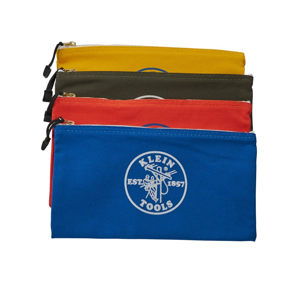 Klein Tools 5140 Canvas Zipper Bag, Tool Pouch, Bank Deposit Utility Bag, 12.5 x 7-Inch, Olive/Orange/Blue/Yellow 4-Pack