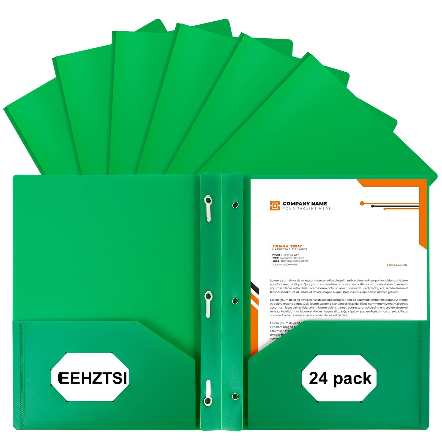 EEHZTSI 24-Pack Plastic Folders with Pockets and Prongs,2-Pocket Folders with 3 Fasteners, Holds 8-1/2" x 11" Paper for School/Office/Home, Green