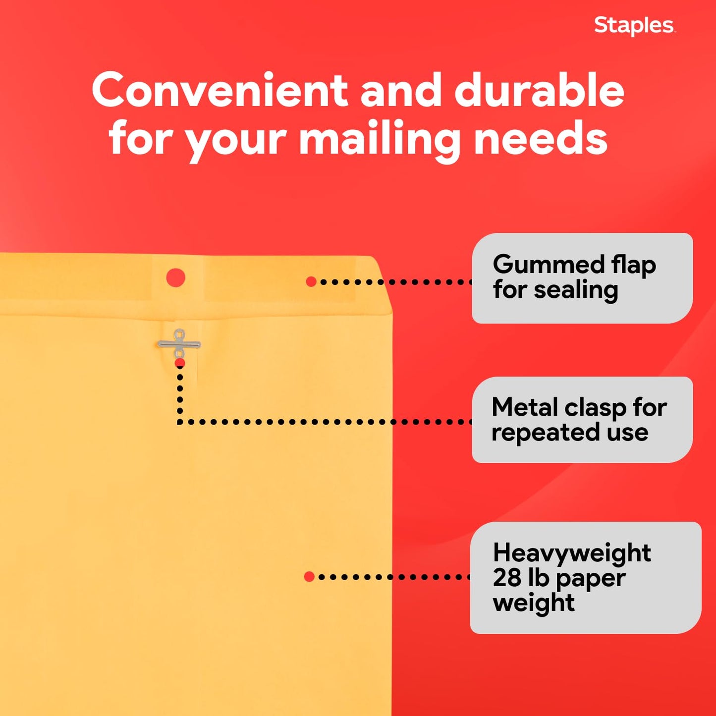 Staples 9 x 12 Kraft Clasp Envelopes, Brown Manila, Reinforced Metal Clasp & Gummed Seal, Heavy‑Duty Mailing Envelopes, 250/Pack