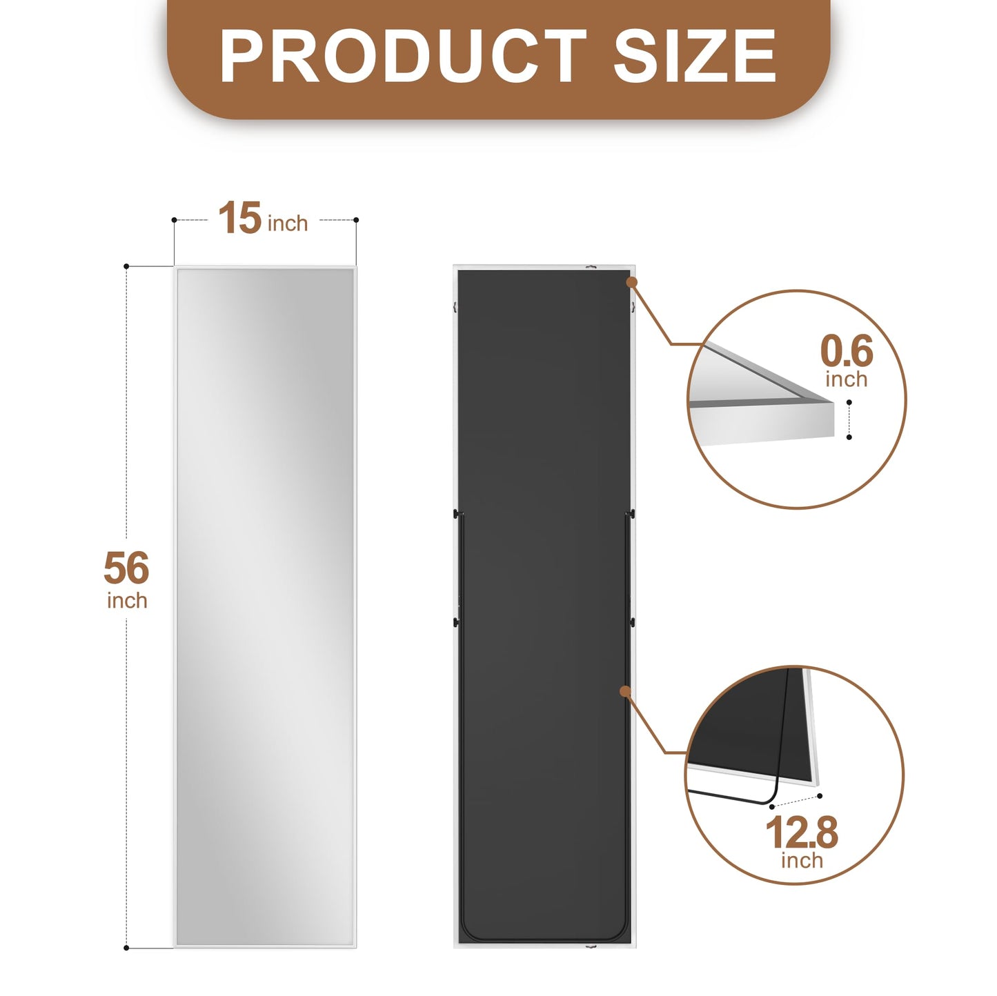 Delma Full Length Mirror,Large Floor Mirror with Aluminum Frame for Bedroom, Bathroom, Living Room,Wall Mount or Freestanding Design, Silver, 56" L x 15" W x 1Pcs