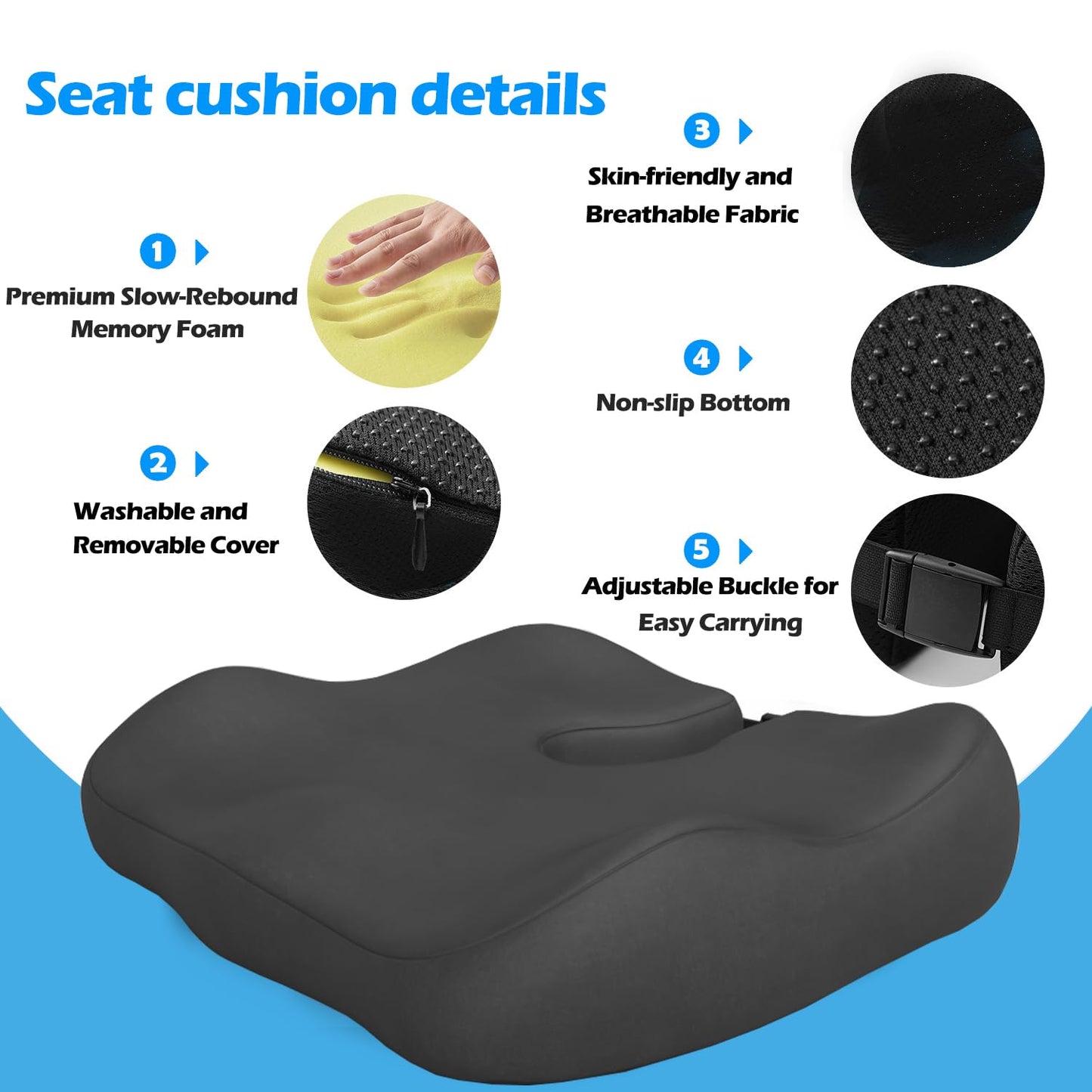 Seat Cushions for Office Chairs, Dense Seat Cushion for Tailbone & Sciatica Pain Relief – Certified, Ergonomic Memory Foam Seat Cushion for Office Chair, Car, Wheelchair, All-Day Comfort (Black)