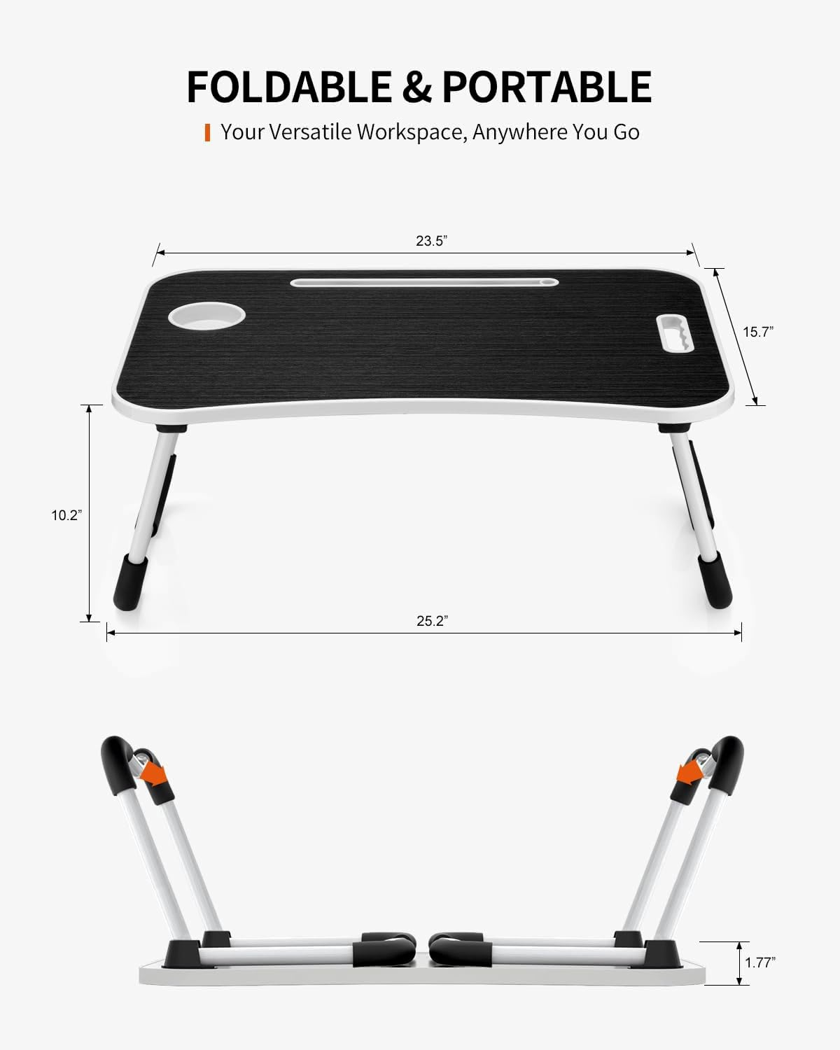FISYOD Foldable Laptop Table, Portable Lap Desk Bed Table Tray, Laptop Stand with Cup Holder & Tablet Slot & Lifting Handle for Working Writing Drawing & Eating (Black Grain)