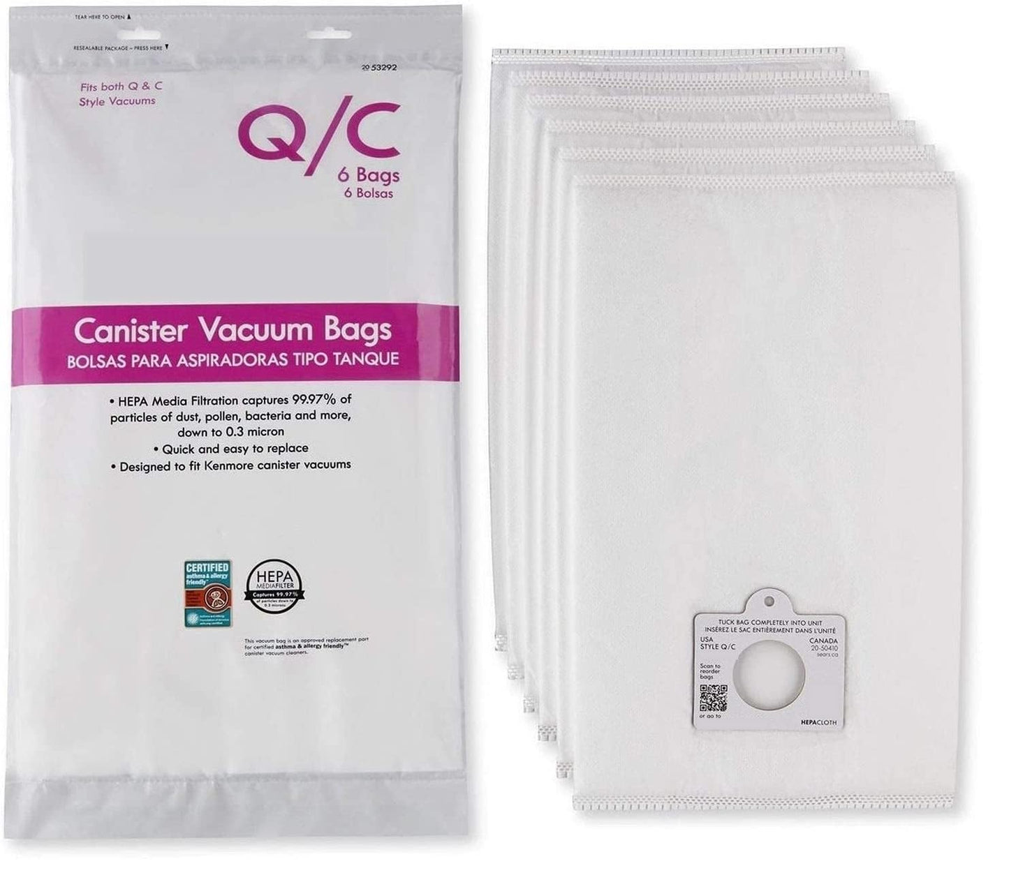 Replacement Bag & Filter Kit for Kenmore 600 Series Canister Vacuum Cleaner. 6 Q/C Bags + 1 EF-11 + 1 CF 1. Fits 81614 81615 BC4027 BC4030 w Pet PowerMate. #'s C/Q 53292 5055 50558 50104 52730 81002