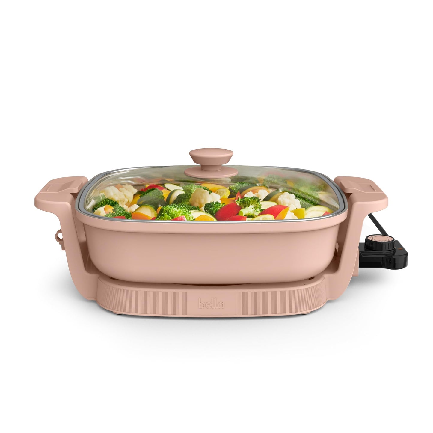 bella Make & Take Electric Skillet, Fits-anywhere™ kitchenware, EverGood™ Ceramic Coating, Adjustable Temperature & Dishwasher-Safe Tempered Glass Lid, Cast Aluminum Base, 1200 Watt, Blossom