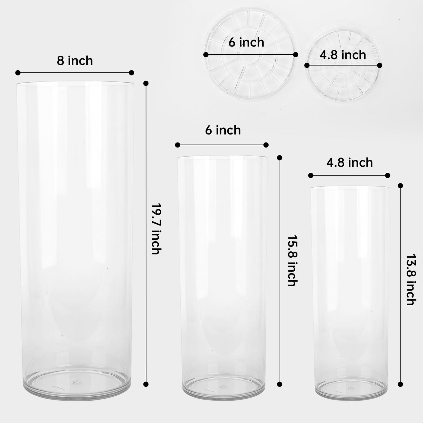 Liotww Extra Large Acrylic Cylinder Clear Vase for Floor, 20 in Tall Big Wide Mouth Plastic Unbreakable Hurricane Flower Vases of 3 for Home Decor (D 8", D 6", D 4.8" + 2 Holder)