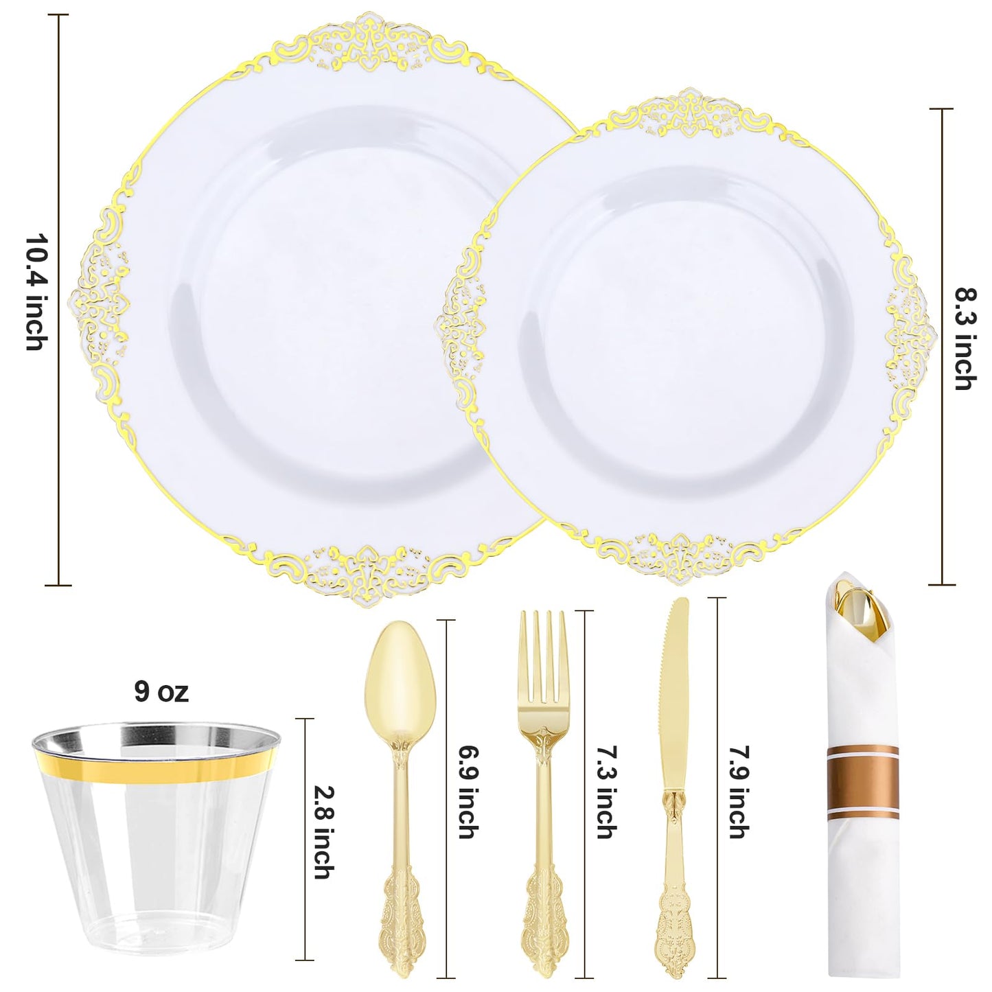 Realluck 350 PCS White and Gold Plastic Plates, Plastic Dinnerware Set for 50 Guests, 100 Disposable Plates, 150 Silverwares, 50 Cups, 50 Napkins for Party, Wedding, Graduation