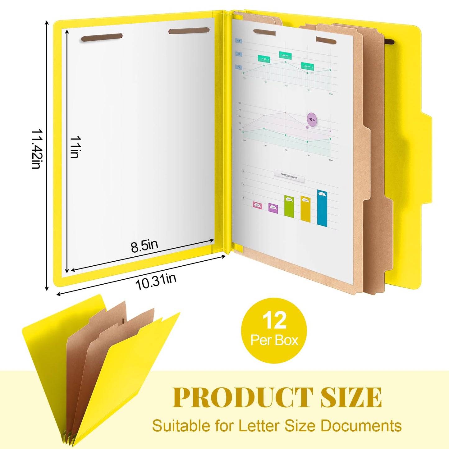 Skyygemm 12 Pcs Classification Folders Letter Size Bulk - 2 Dividers Pressboard File Folder with 3. 5 Inch Expansion, 2 Prongs Fastener, Heavy Duty Office File Organizer for Teacher Medical (Yellow)
