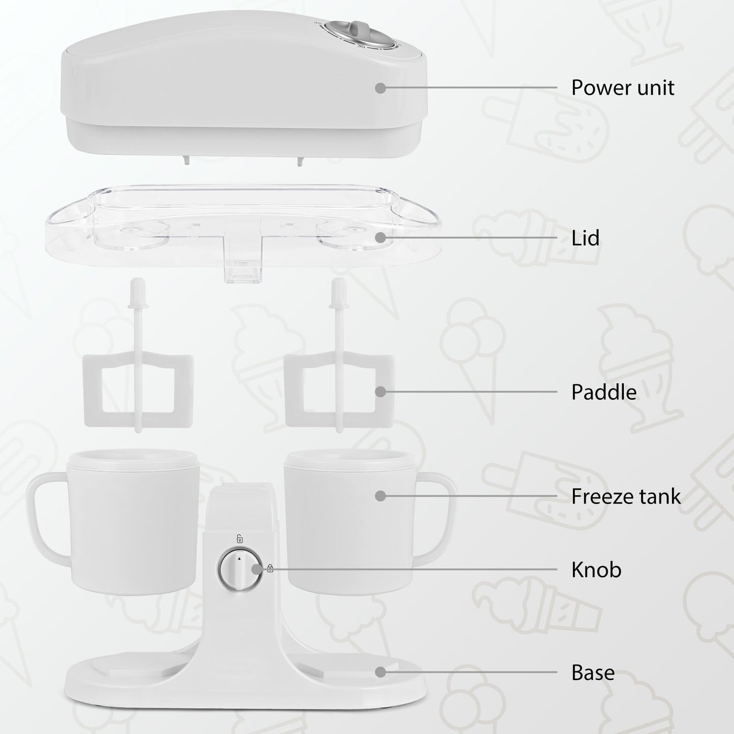 Pukomc Ice Cream Maker Machine for Home Use, with Two Ice Cream Bowls,Simple Operation and Easy to Clean,White