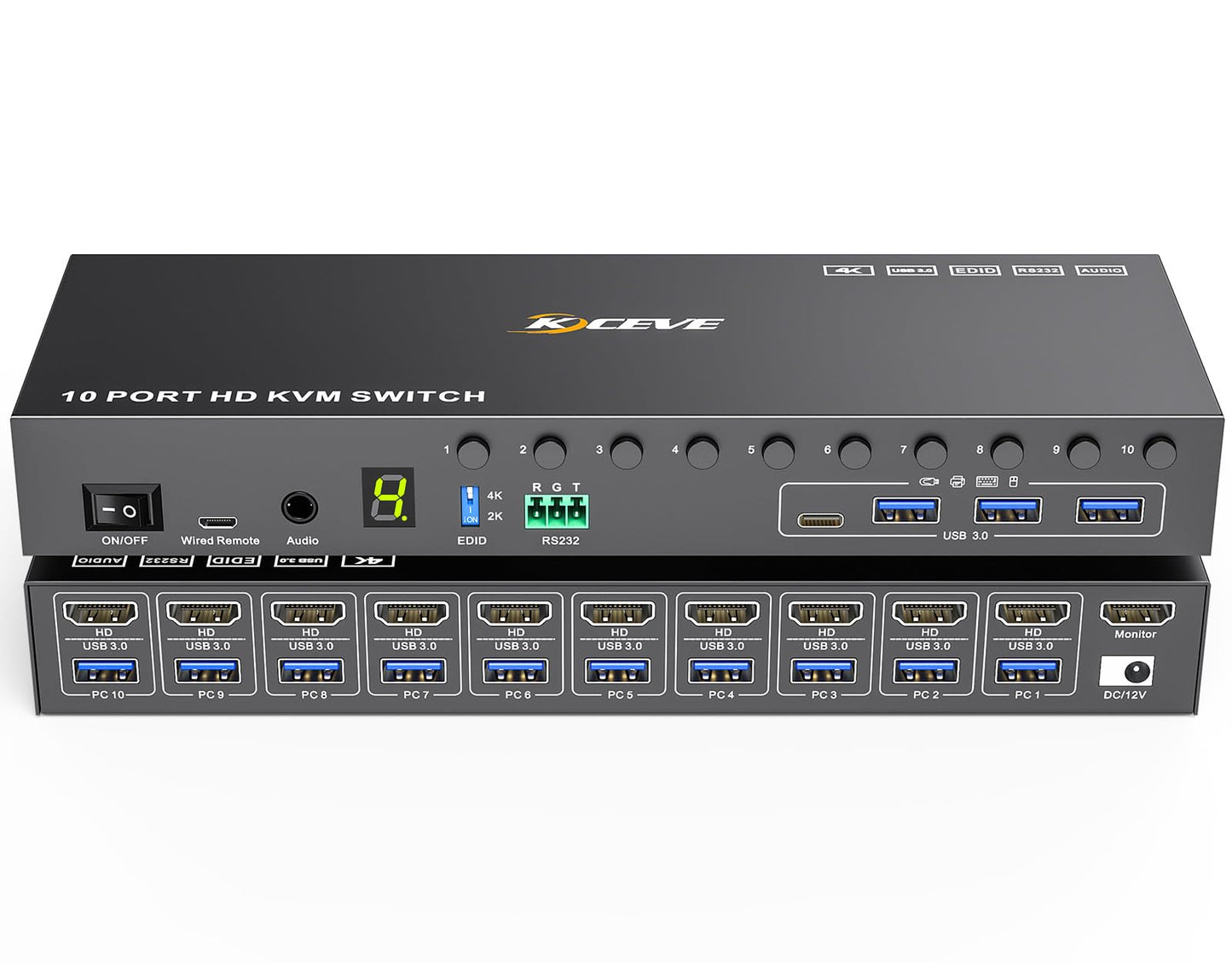 10 Port 8 Port KVM Switch HDMI 4K@60Hz EDID Simulation, USB 3.0 HDMI KVM Switch for 10 Computers Share 1 Monitor and 4 USB Devices, KVM Switches with Audio RS232 Wired Remote 12V Power and USB Cable
