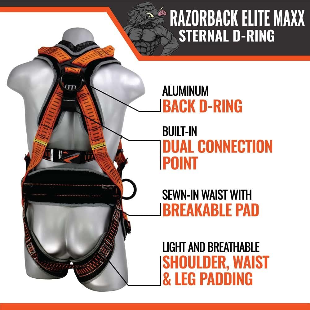 Malta Dynamics Razorback Elite MAXX - Safety Harness and Fall Protection Kit with Sewn in Lumbar Support Belt and Built-in Rescue Handles for Fall Arrest, OSHA & ANSI Compliant (Size)