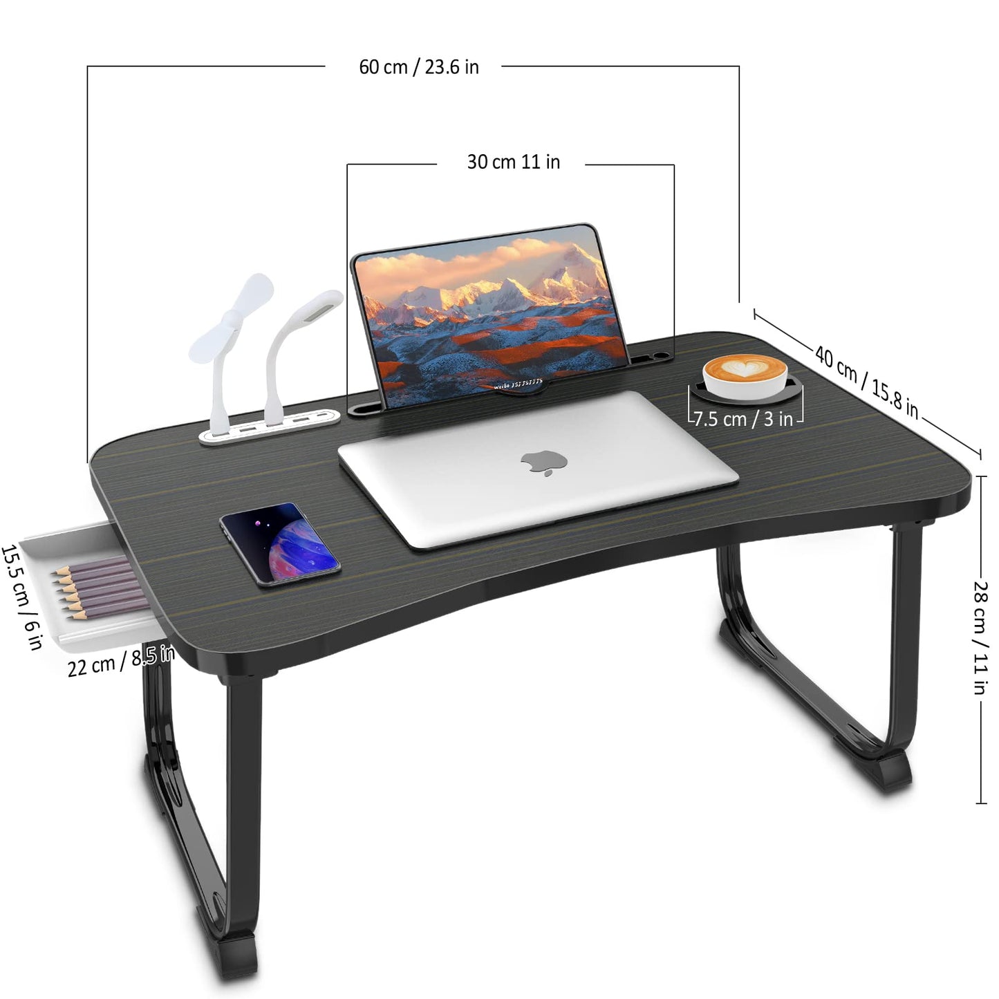 Fayquaze Laptop Bed Desk, Portable Foldable Laptop Bed Table with USB Charge Port Storage Drawer and Cup Holder, Lap Desk Notebook Stand Tray Table Serving Tray for Eating, Reading and Working