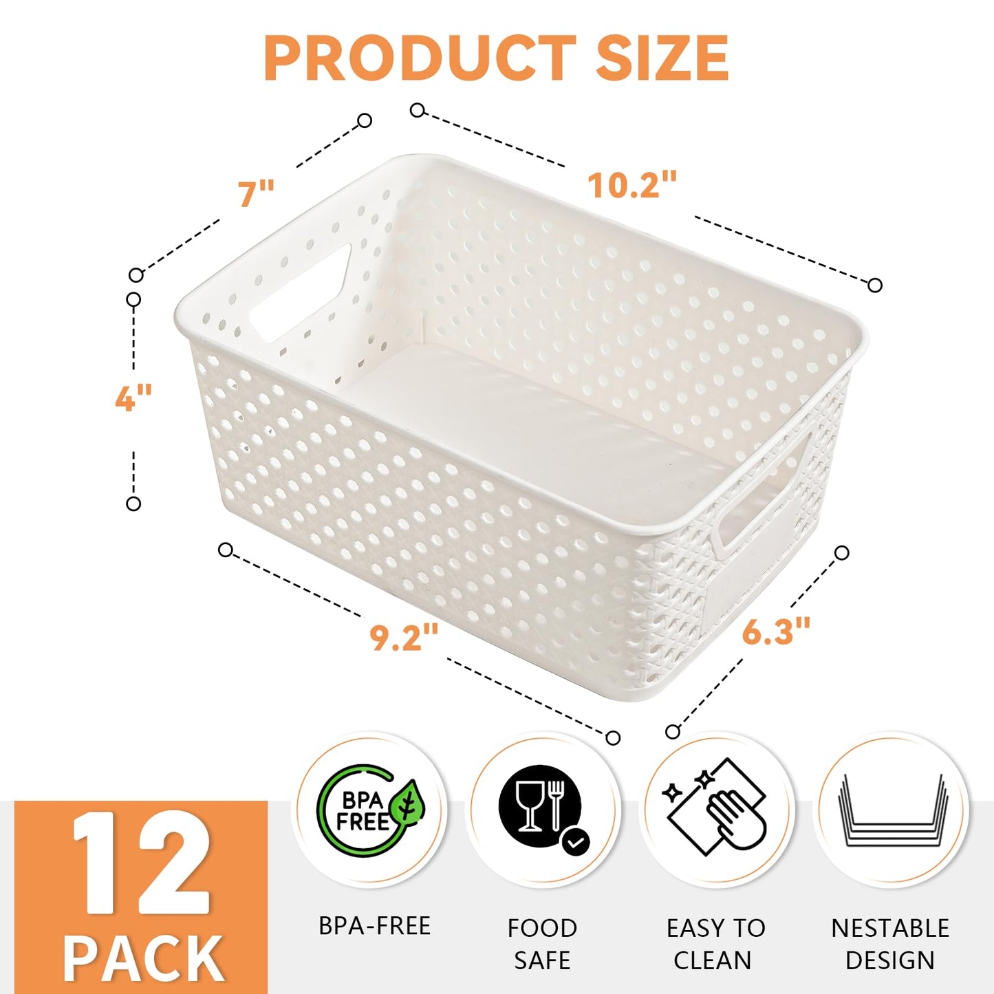 12 Pack Plastic Storage Baskets for Organizing, Storage Baskets for Shelves with Handles, Small Storage Bins with Labels, Organizer Baskets for Cabinet,Closet, Office